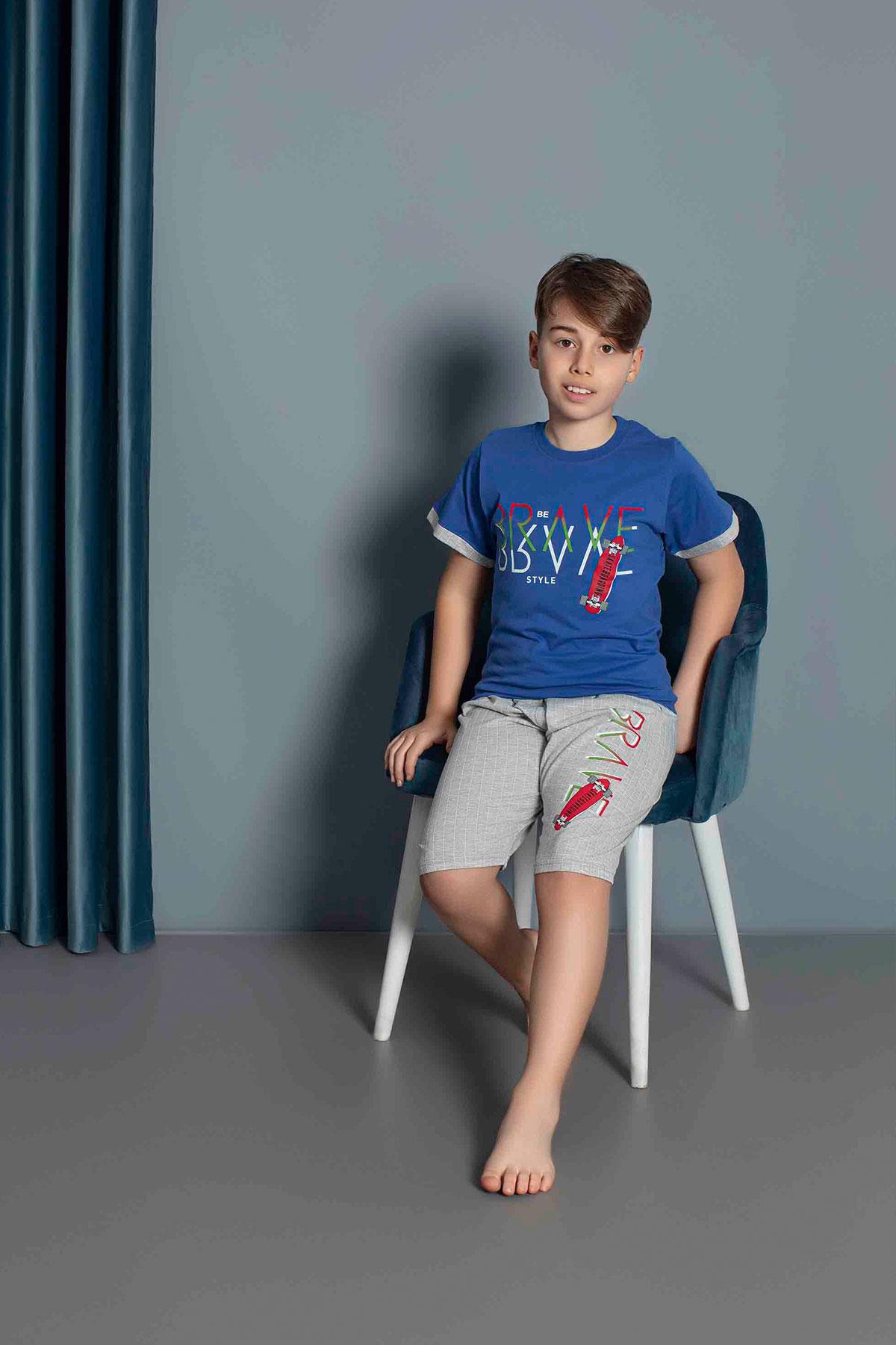 Erkek Çocuk Penye Kısa Kollu Kaprili Pijama Takımı | Saks Mavisi 3656
