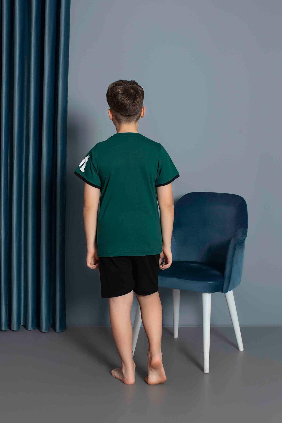 Erkek Çocuk Penye Kısa Kollu Kaprili Pijama Takımı | Yeşil 3634