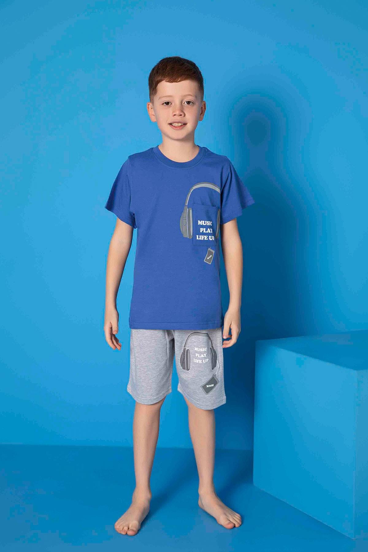 Erkek Çocuk Penye Kısa Kollu Kaprili Pijama Takımı | Saks Mavisi 3654