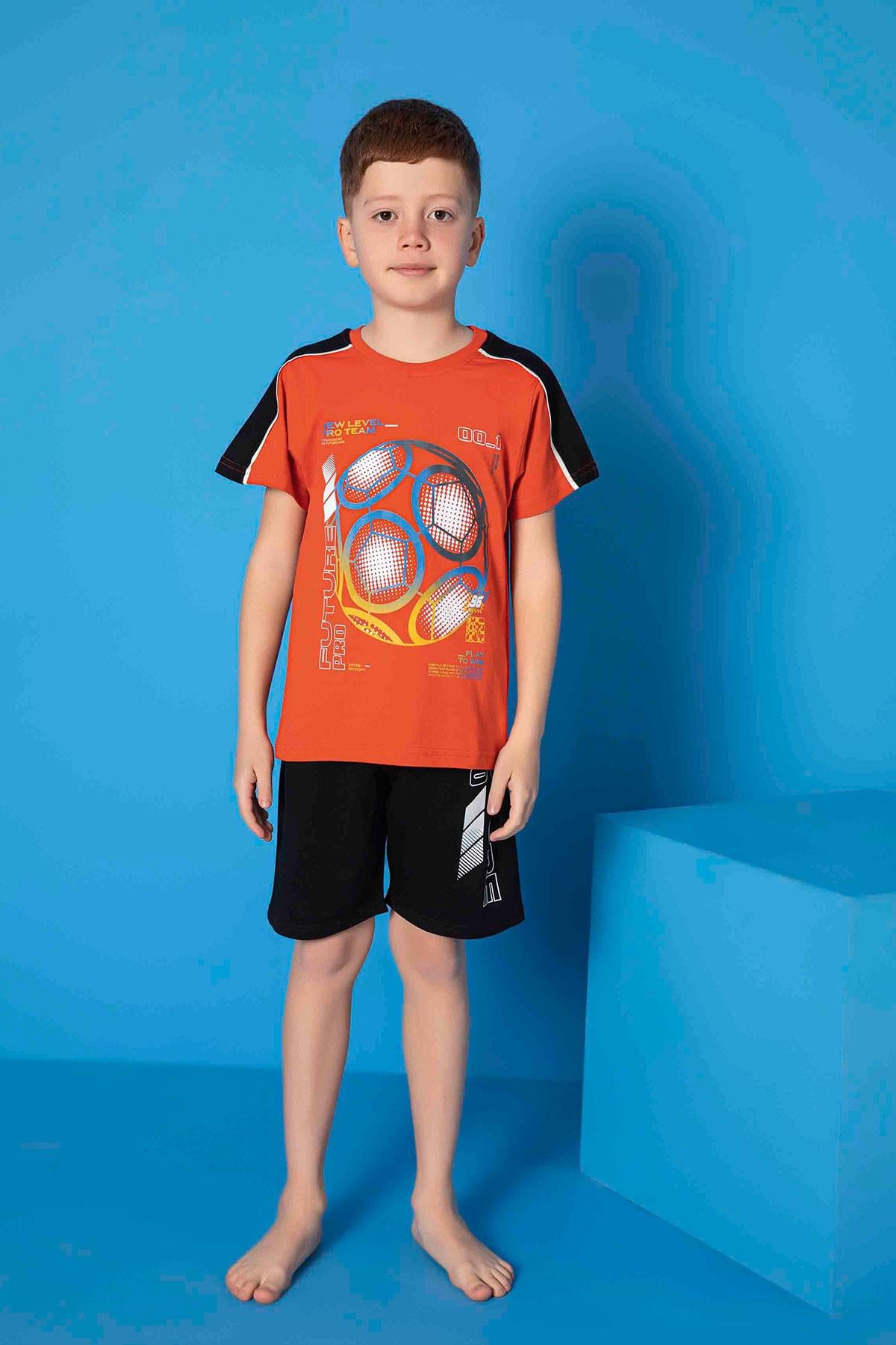 Erkek Çocuk Penye Kısa Kollu Kaprili Pijama Takımı | Turuncu 3664