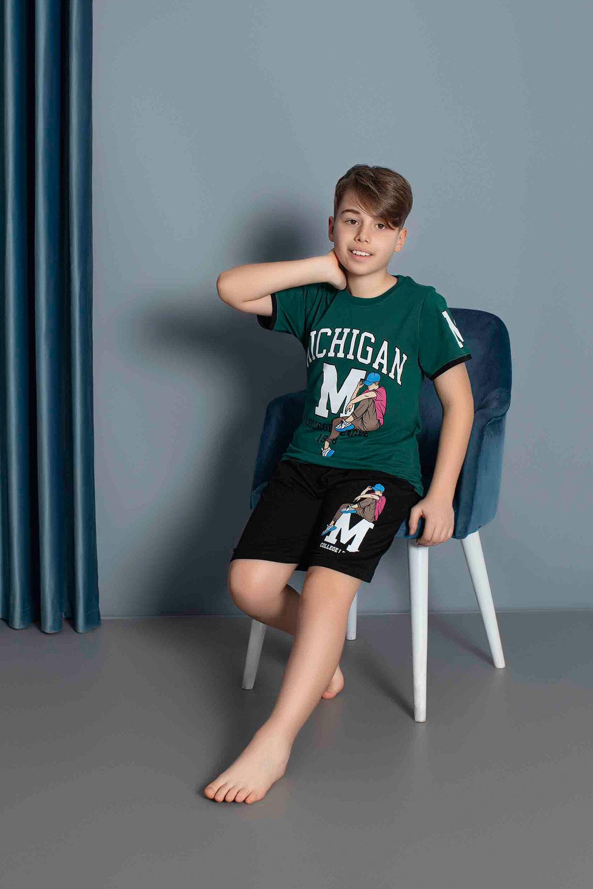 Erkek Çocuk Penye Kısa Kollu Kaprili Pijama Takımı | Yeşil 3635