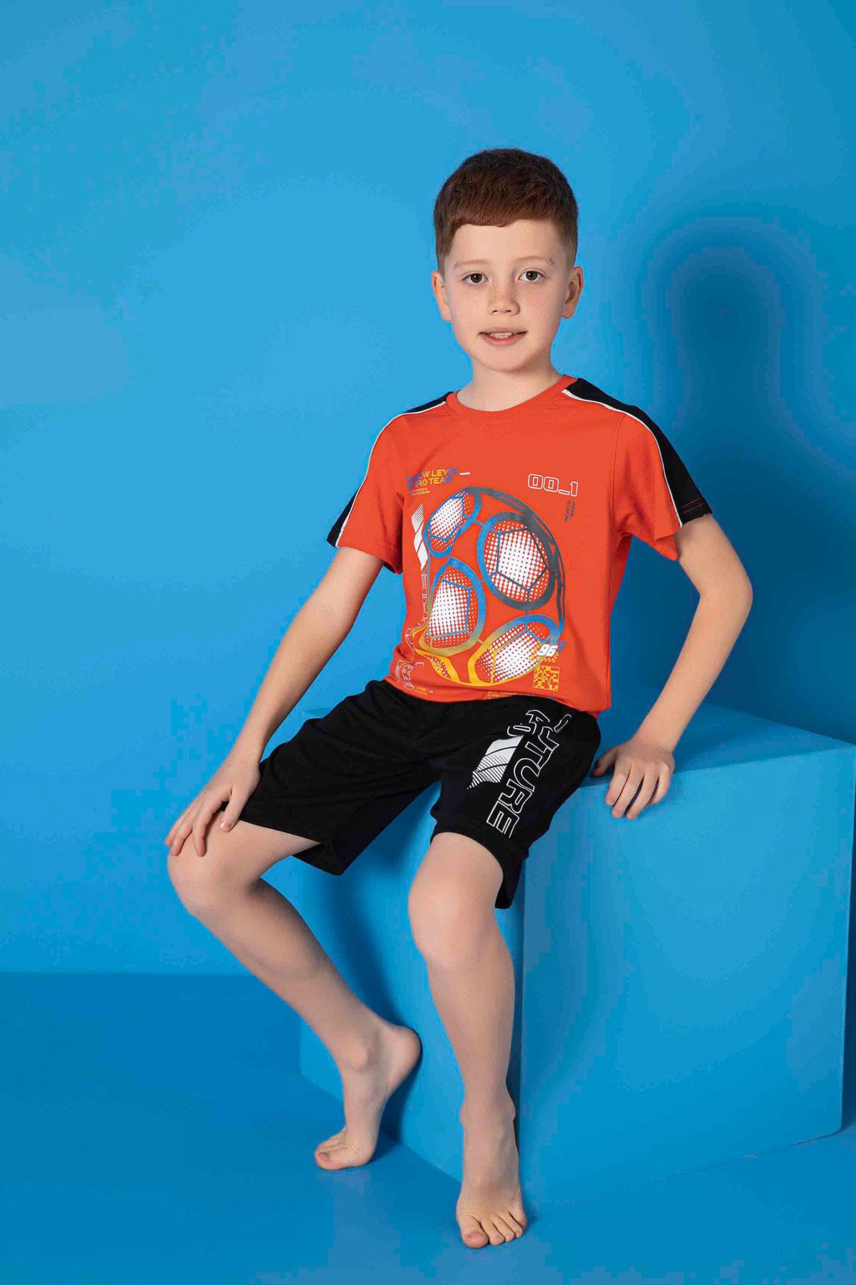 Erkek Çocuk Penye Kısa Kollu Kaprili Pijama Takımı | Turuncu 3664