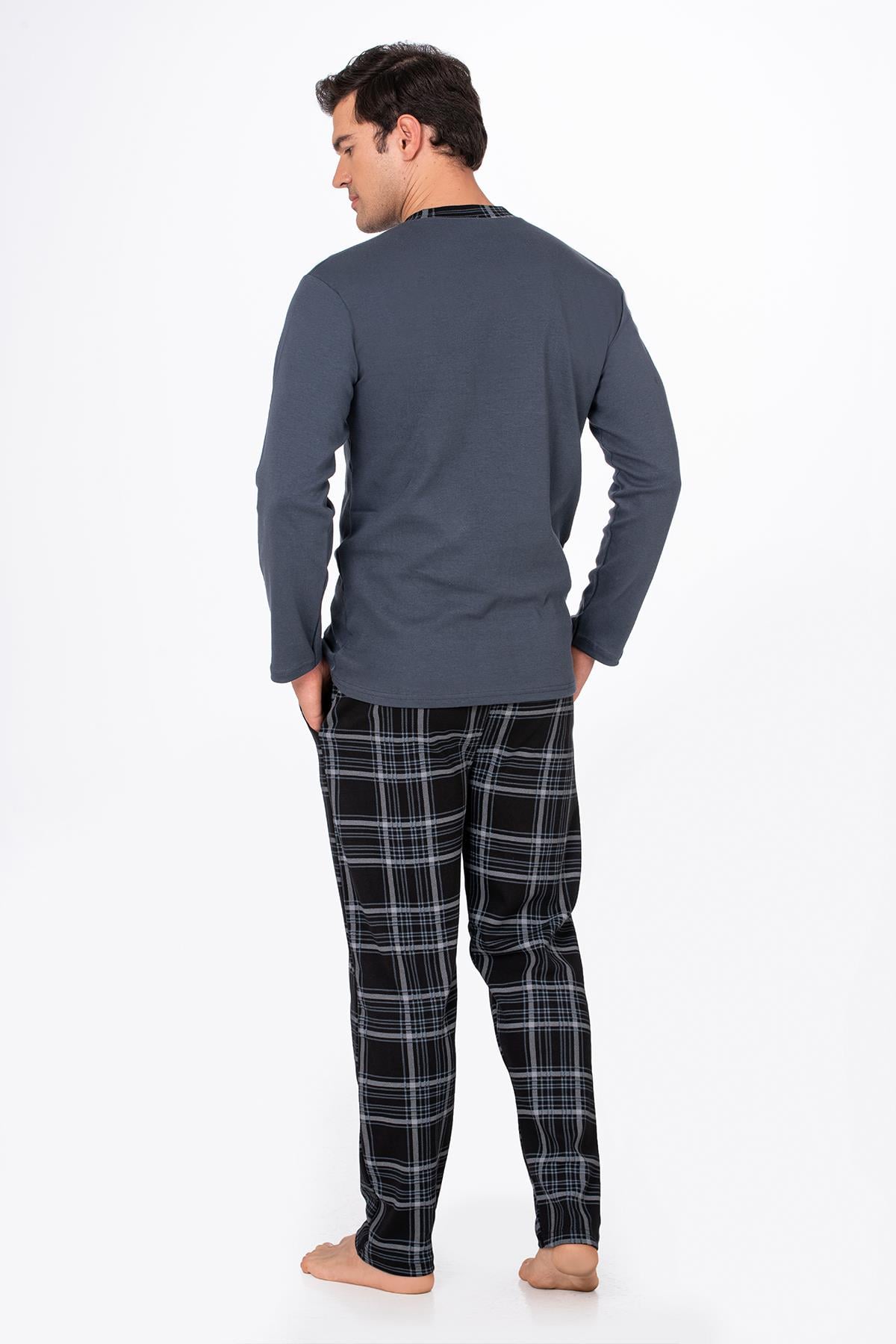 Erkek Patlı Yaka Kareli Pamuklu Pijama Takımı – Lacivert Füme 039