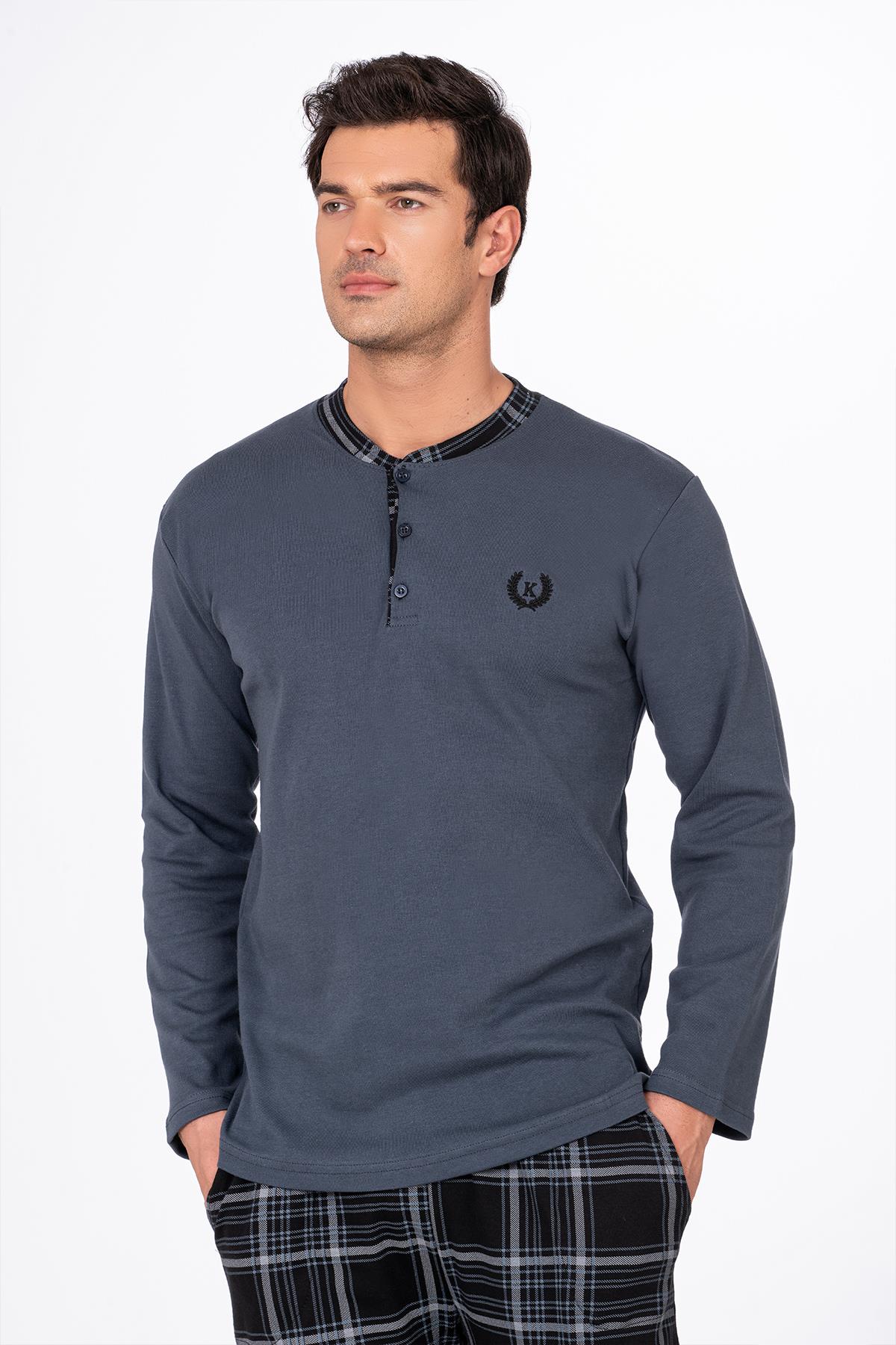 Erkek Patlı Yaka Kareli Pamuklu Pijama Takımı – Lacivert Füme 039