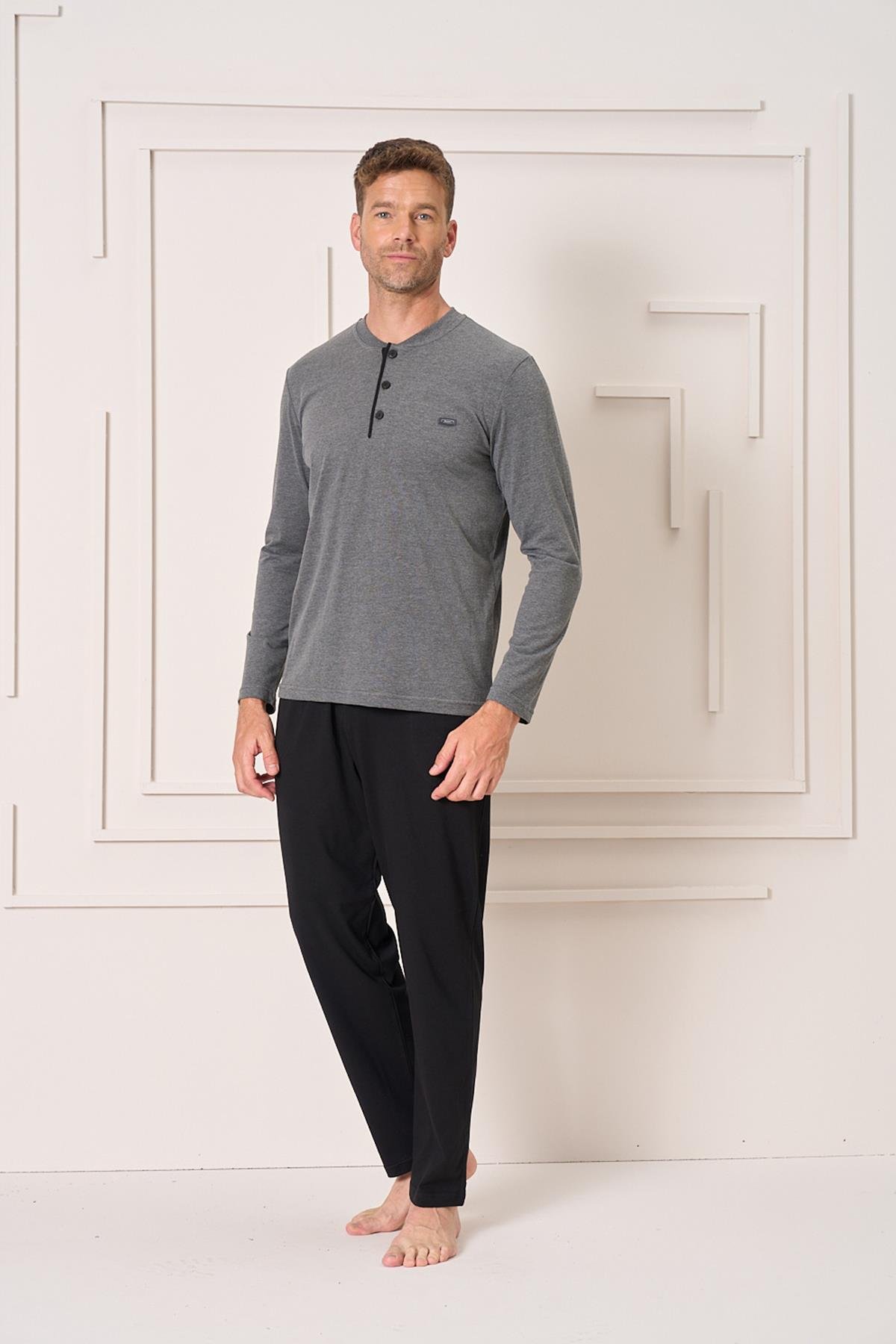 Erkek Penye Süprem Genç Önü Patlı Pijama Takımı | Antrasit Melanj 4107
