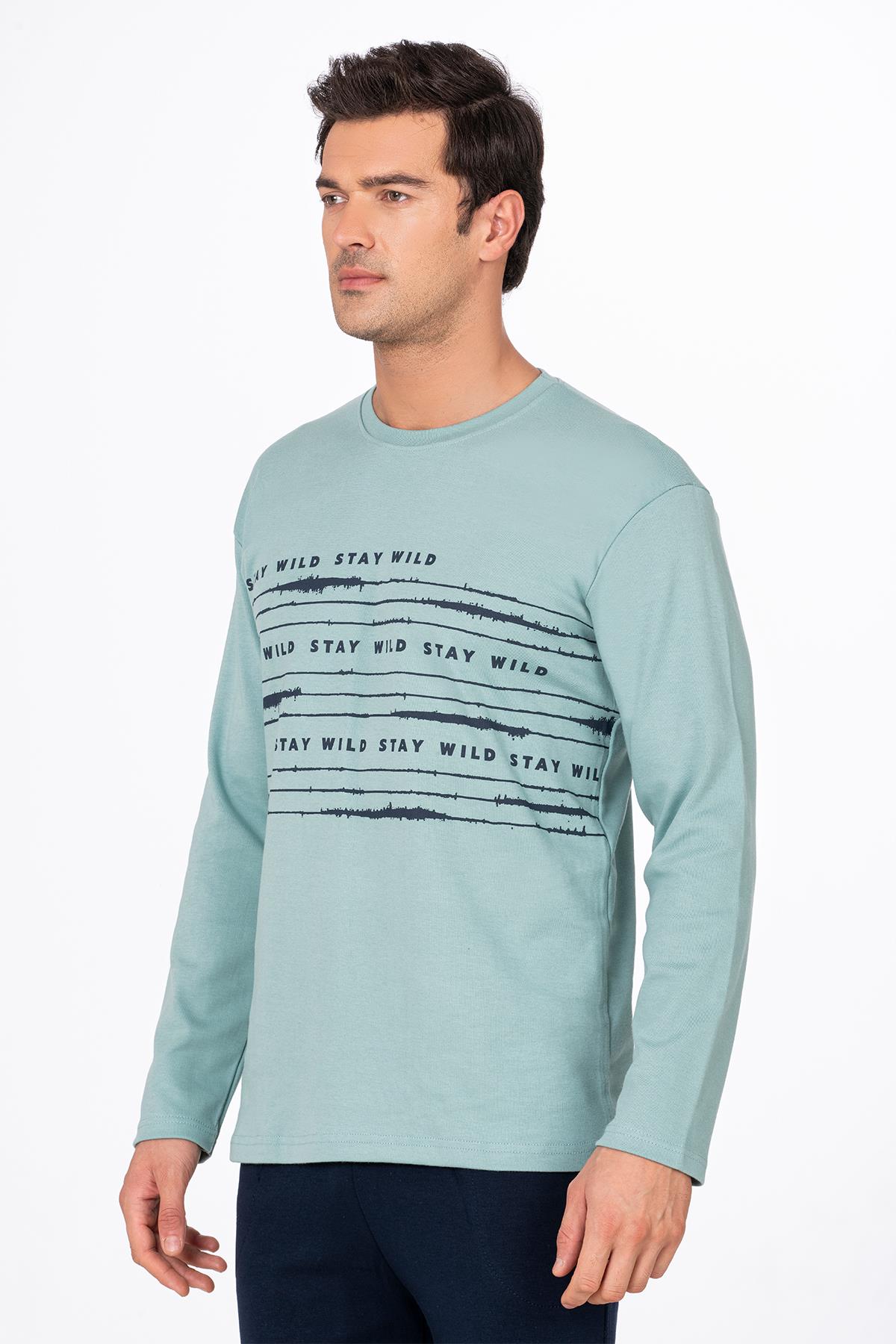 Erkek Stay Wild Baskılı Pamuklu Pijama Takımı | Su Yeşili 028
