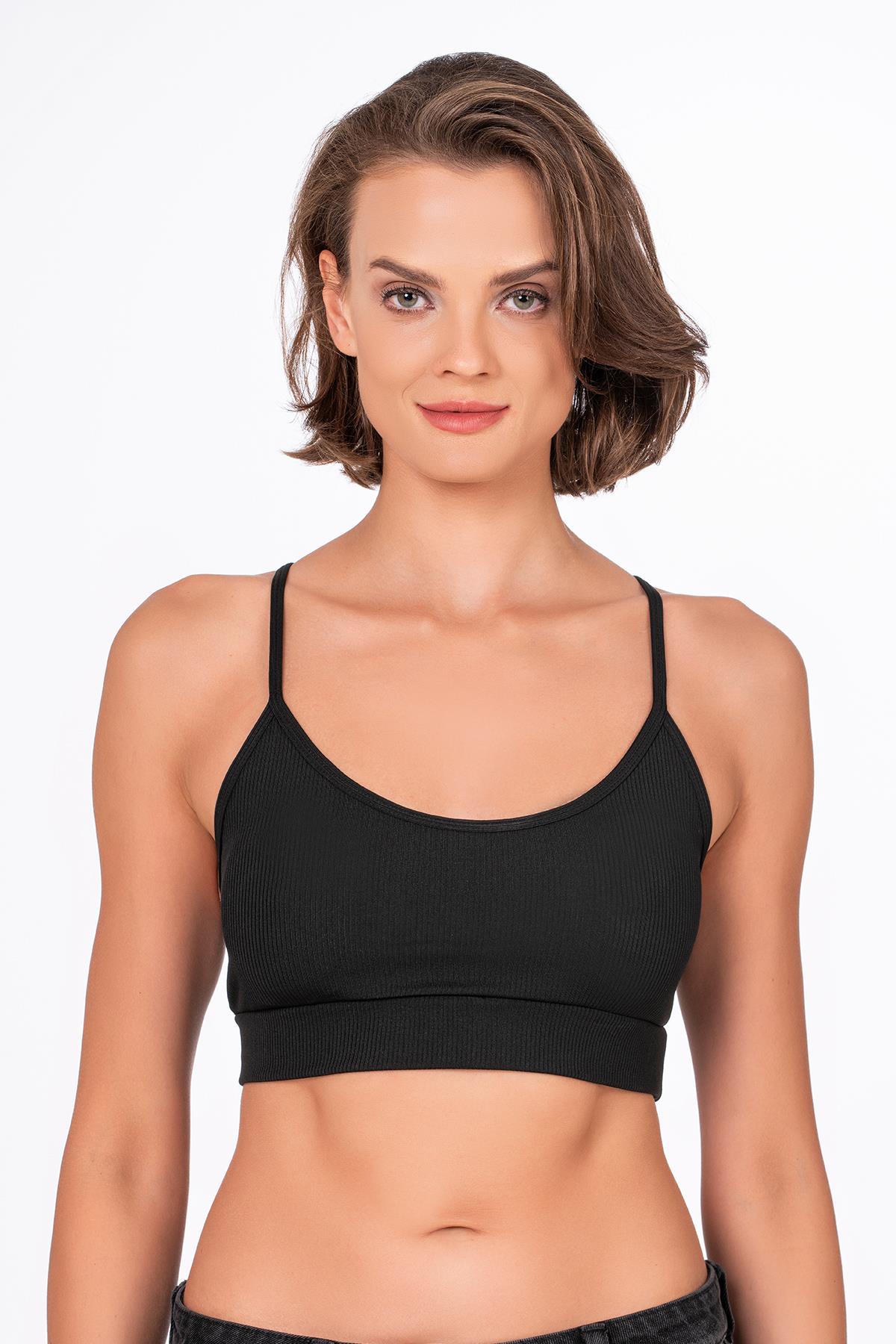 Fitilli İnce Askılı Şekillendirici Spor Sütyeni | Siyah