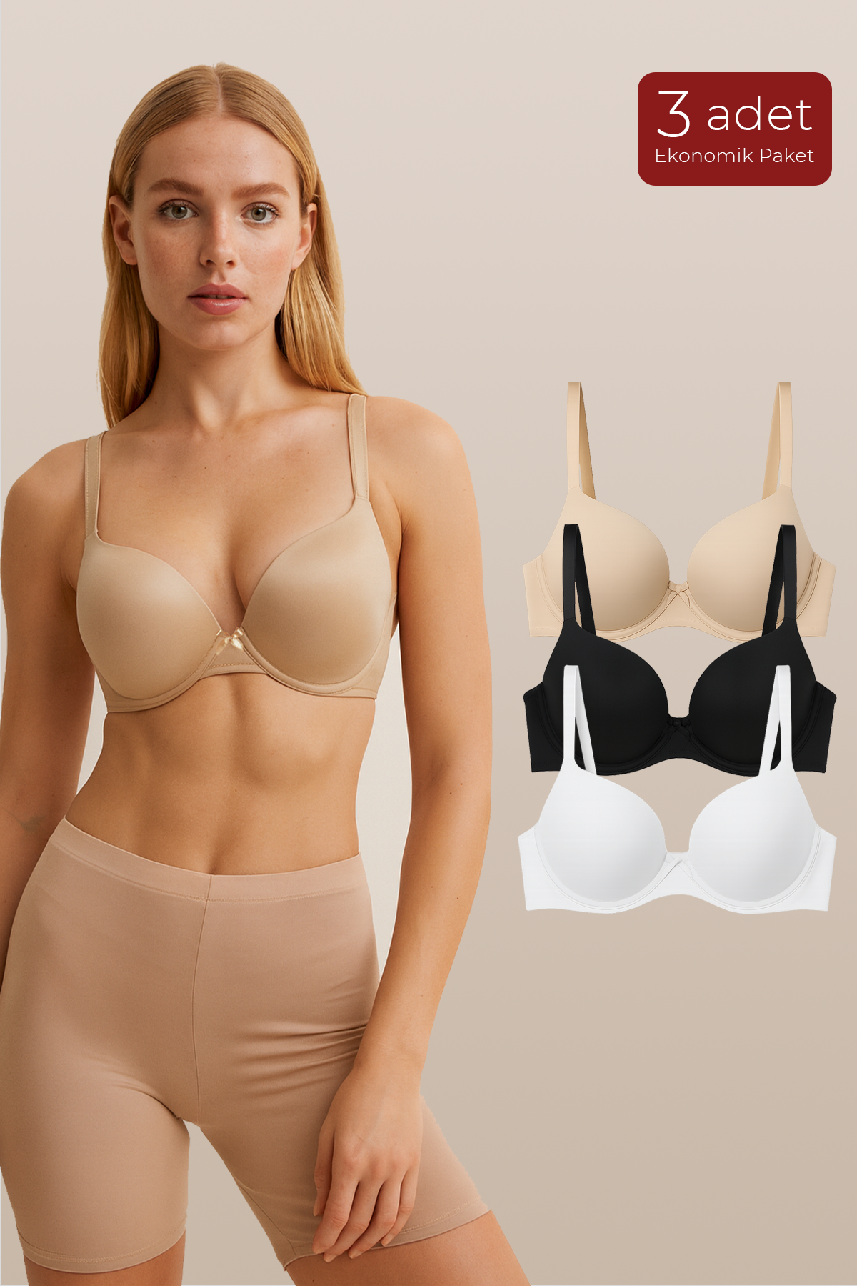 Kadın Basic B Kap Dolgusuz Sütyen 3'lü Paket – Rahat & Şık İç Giyim | Asorti 002
