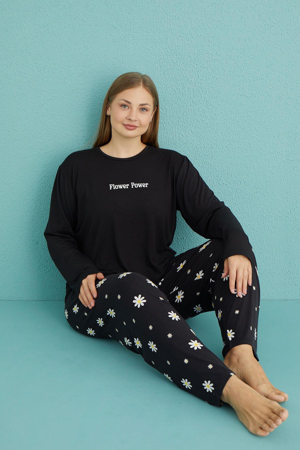 Kadın Battal Milan Bisiklet Yaka Uzun Kollu Pijama Takımı | 50802-38