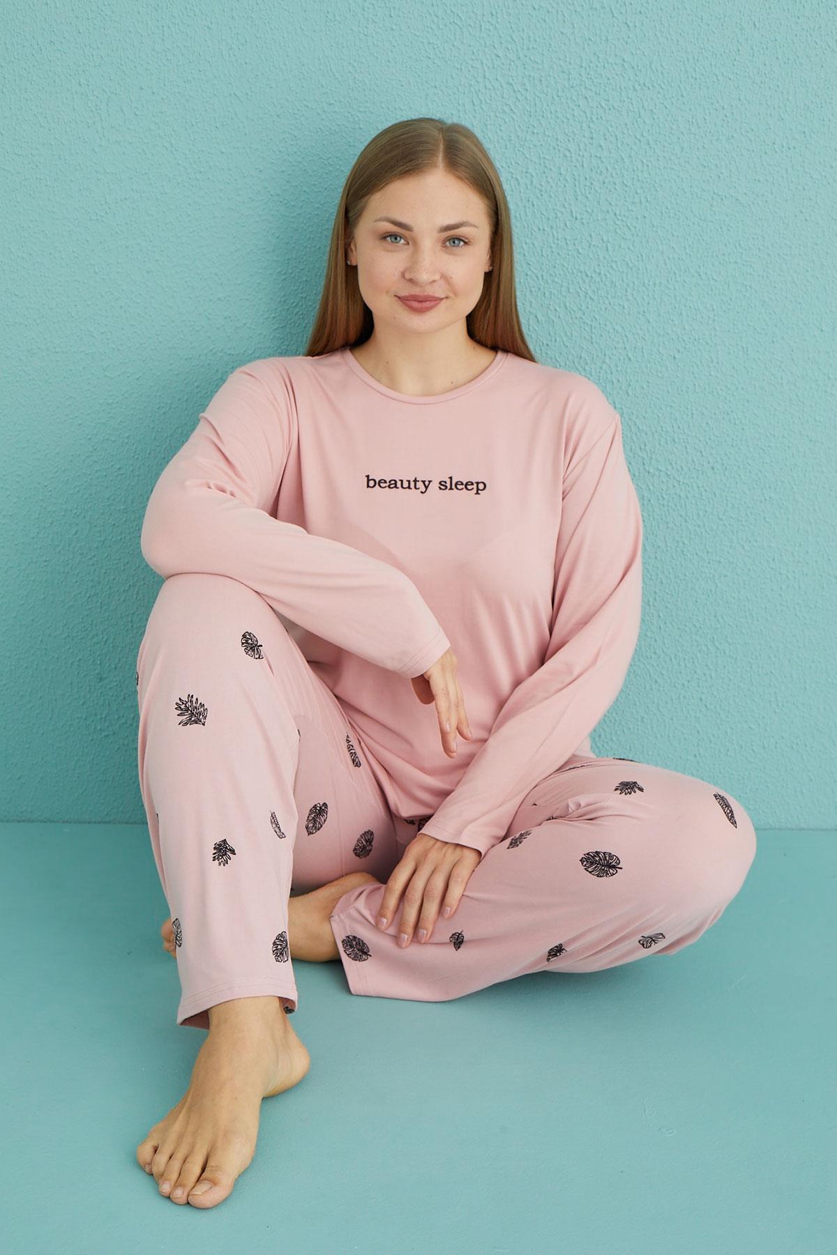 Kadın Battal Milan Bisiklet Yaka Uzun Kollu Pijama Takımı | 50802-32