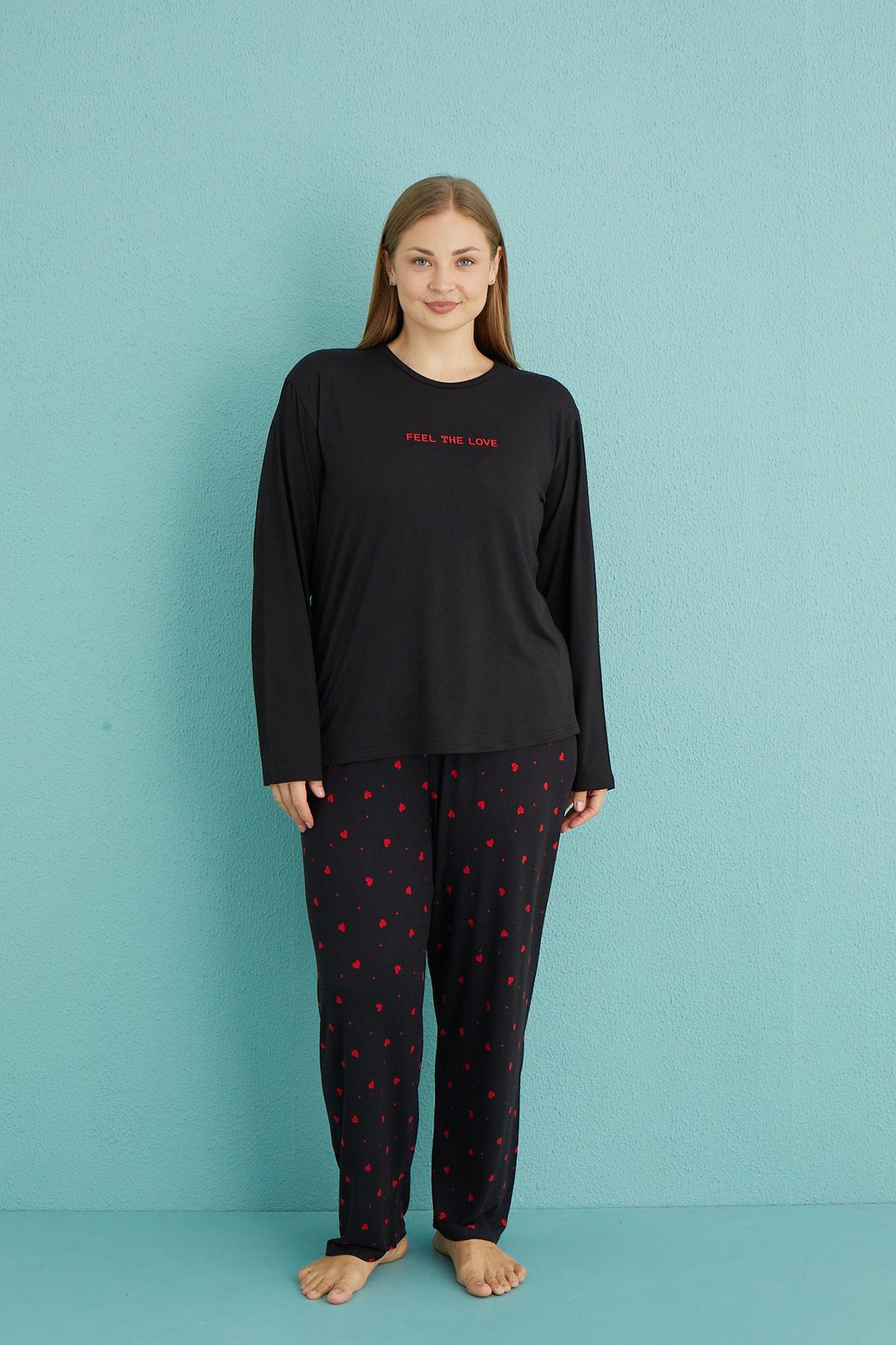Kadın Battal Milan Bisiklet Yaka Uzun Kollu Pijama Takımı | 50802-37