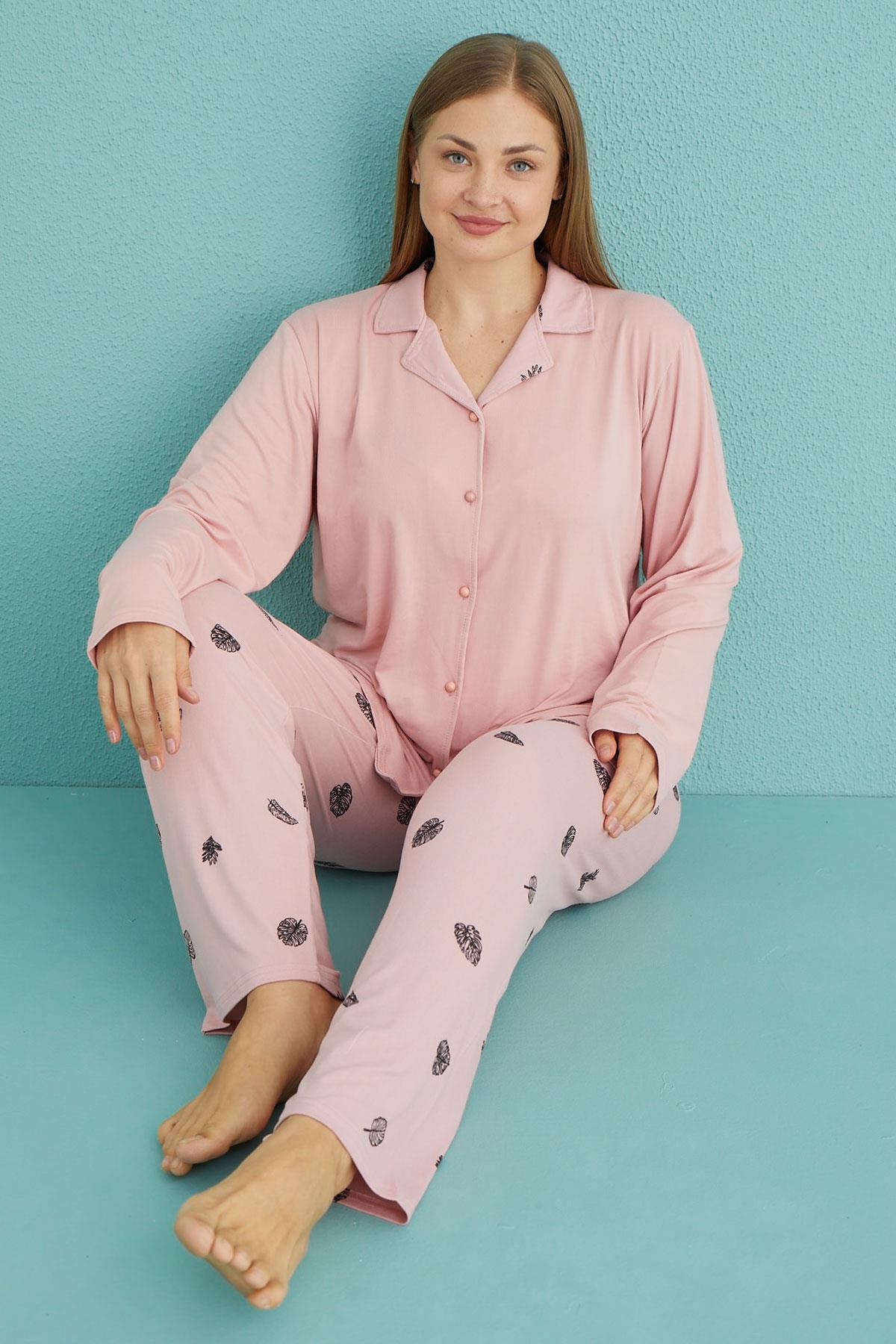 Kadın Battal Milan Önden Düğmeli Uzun Kollu Pijama Takımı | 50851-30