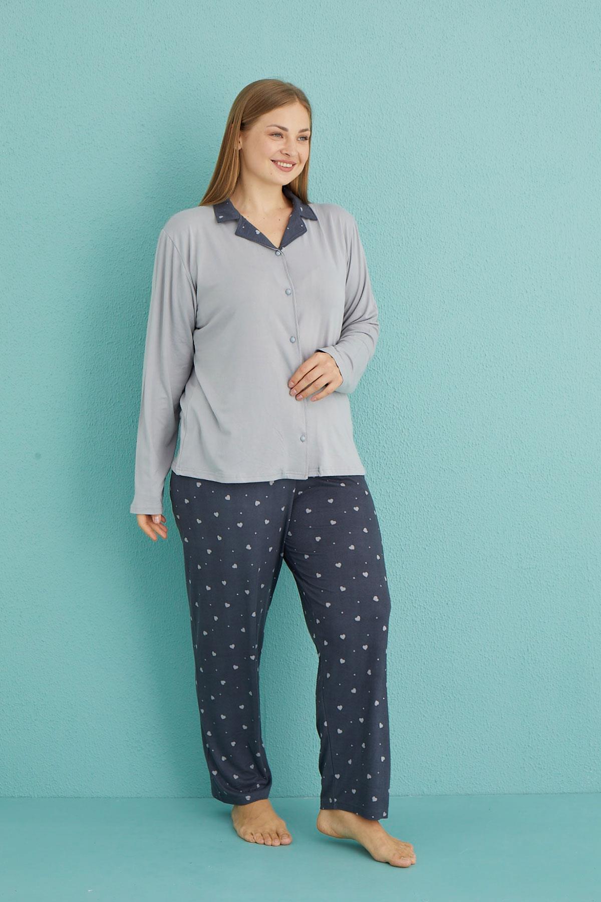 Kadın Battal Milan Önden Düğmeli Uzun Kollu Pijama Takımı | 50851-26