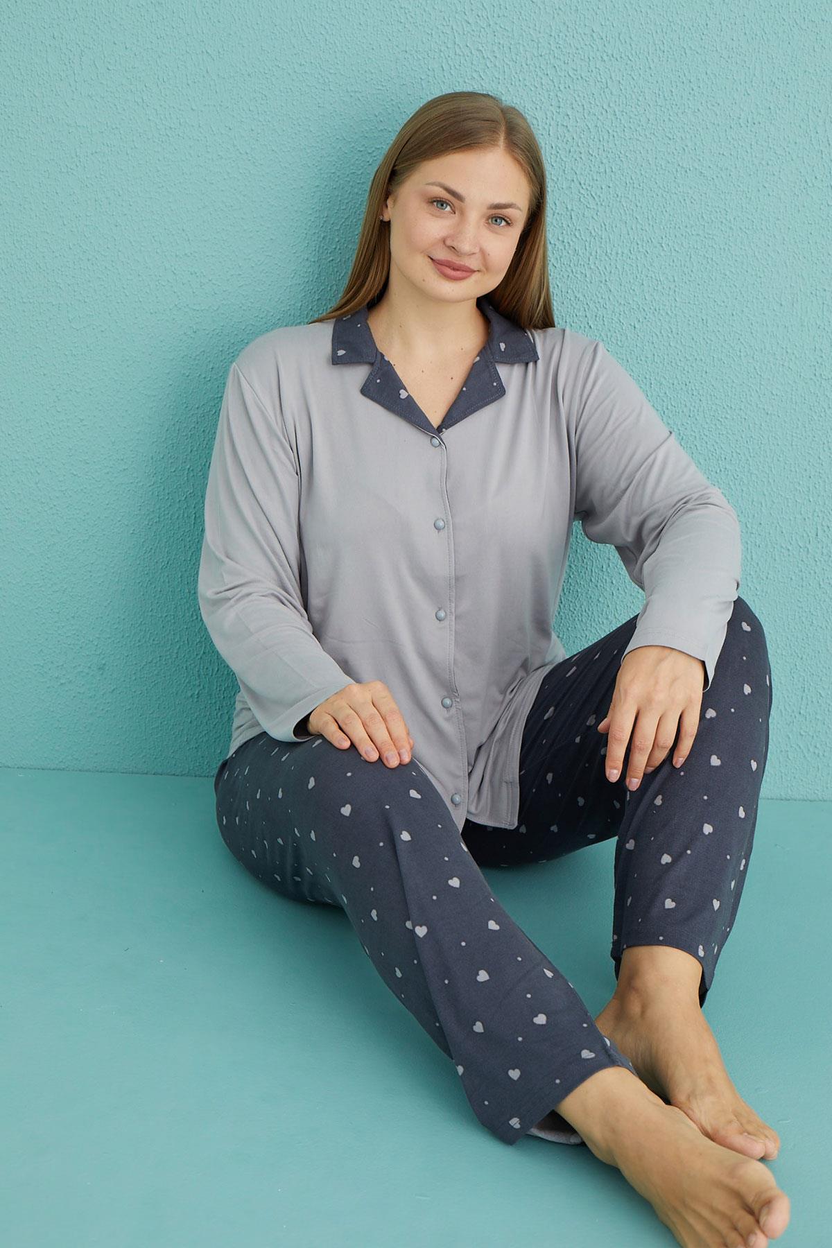 Kadın Battal Milan Önden Düğmeli Uzun Kollu Pijama Takımı | 50851-26
