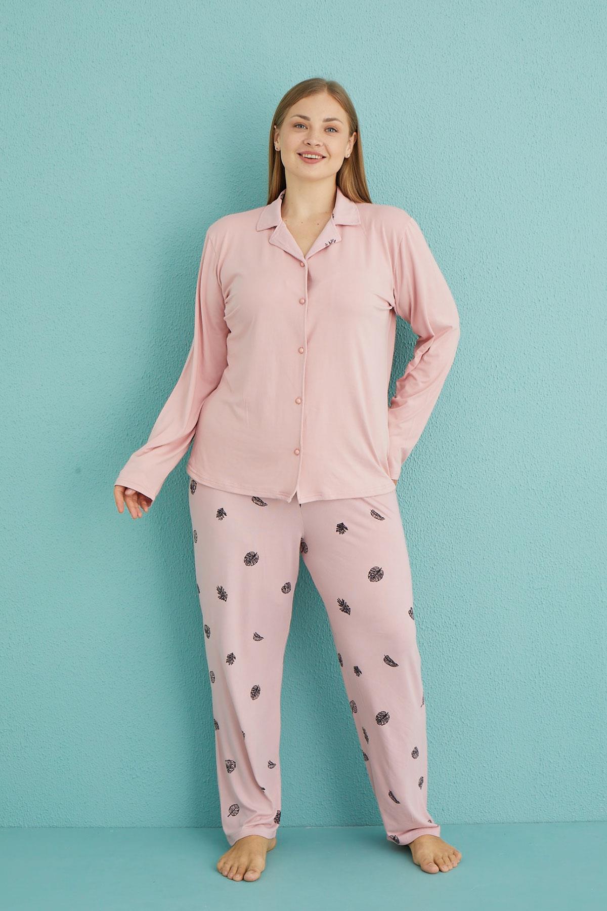 Kadın Battal Milan Önden Düğmeli Uzun Kollu Pijama Takımı | 50851-30