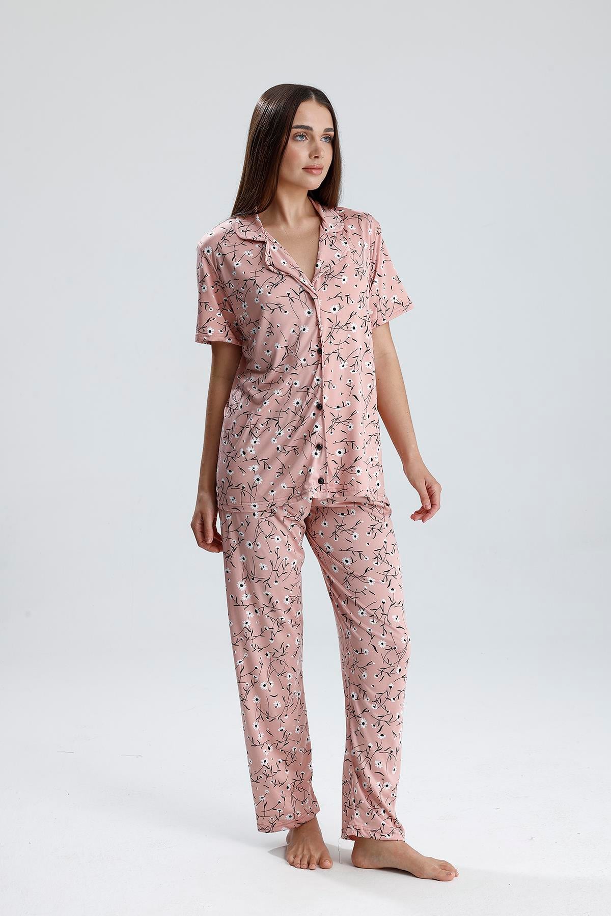 Kadın Çiçek Desen Önden Düğmeli Pijama Takım | Pembe
