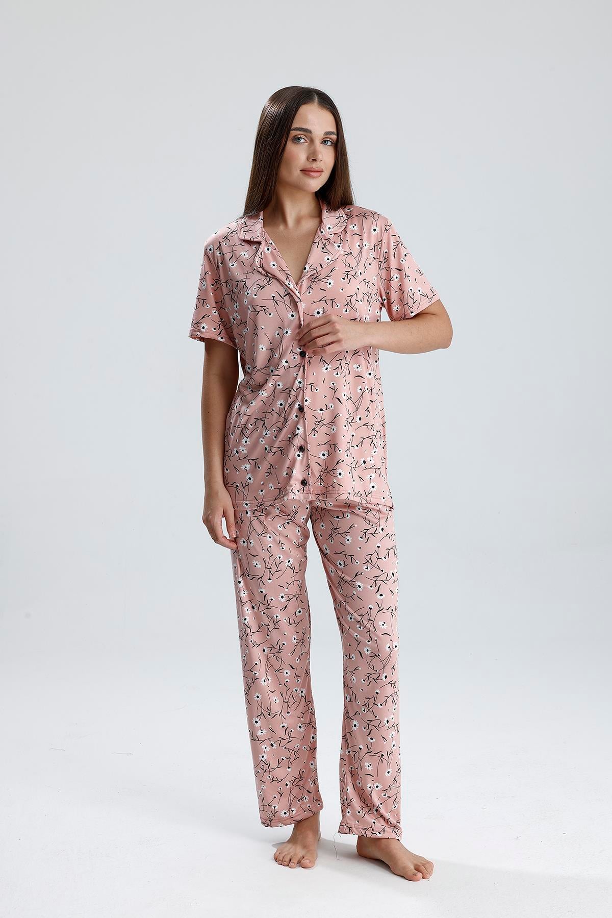 Kadın Çiçek Desen Önden Düğmeli Pijama Takım | Pembe