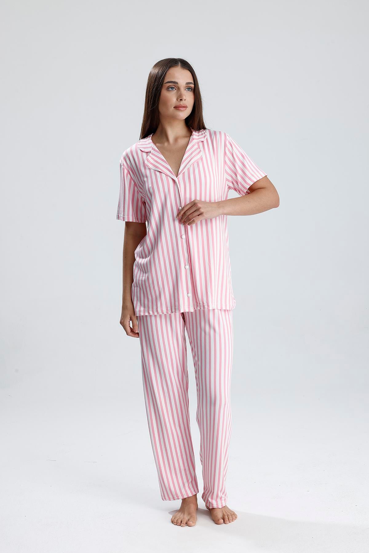 Kadın Çizgili Önden Düğmeli Pijama Takım | Pembe