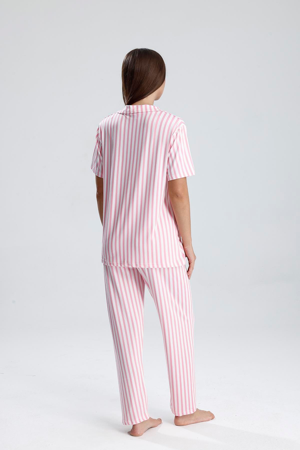 Kadın Çizgili Önden Düğmeli Pijama Takım | Pembe