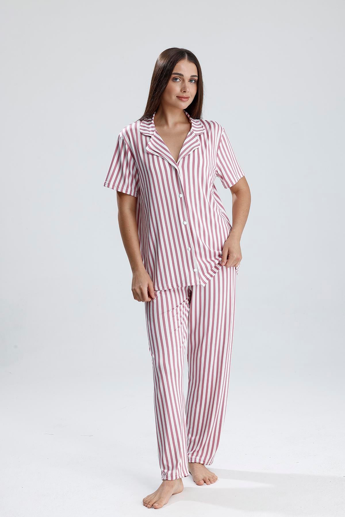 Kadın Çizgili Önden Düğmeli Pijama Takım | Mor 