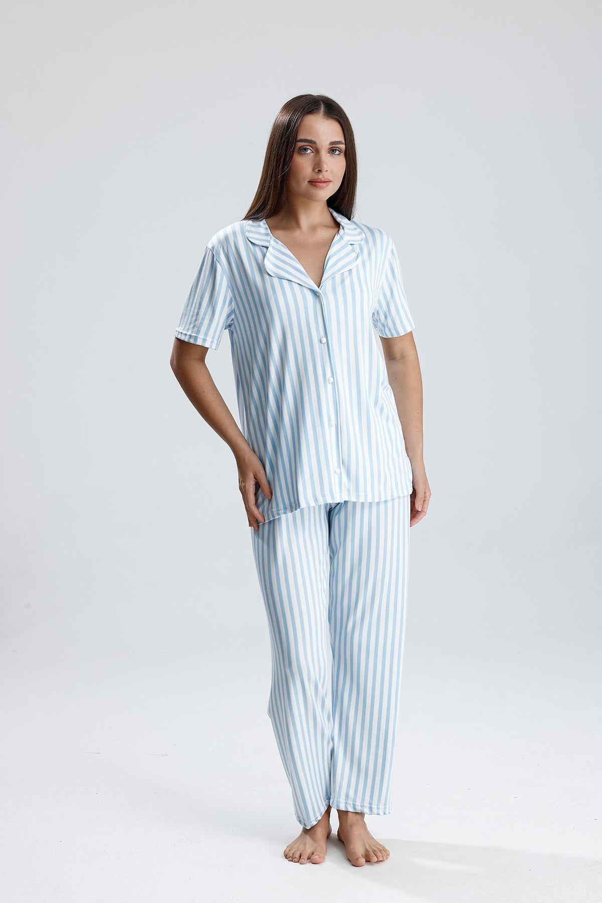 Kadın Çizgili Önden Düğmeli Pijama Takım | Mavi