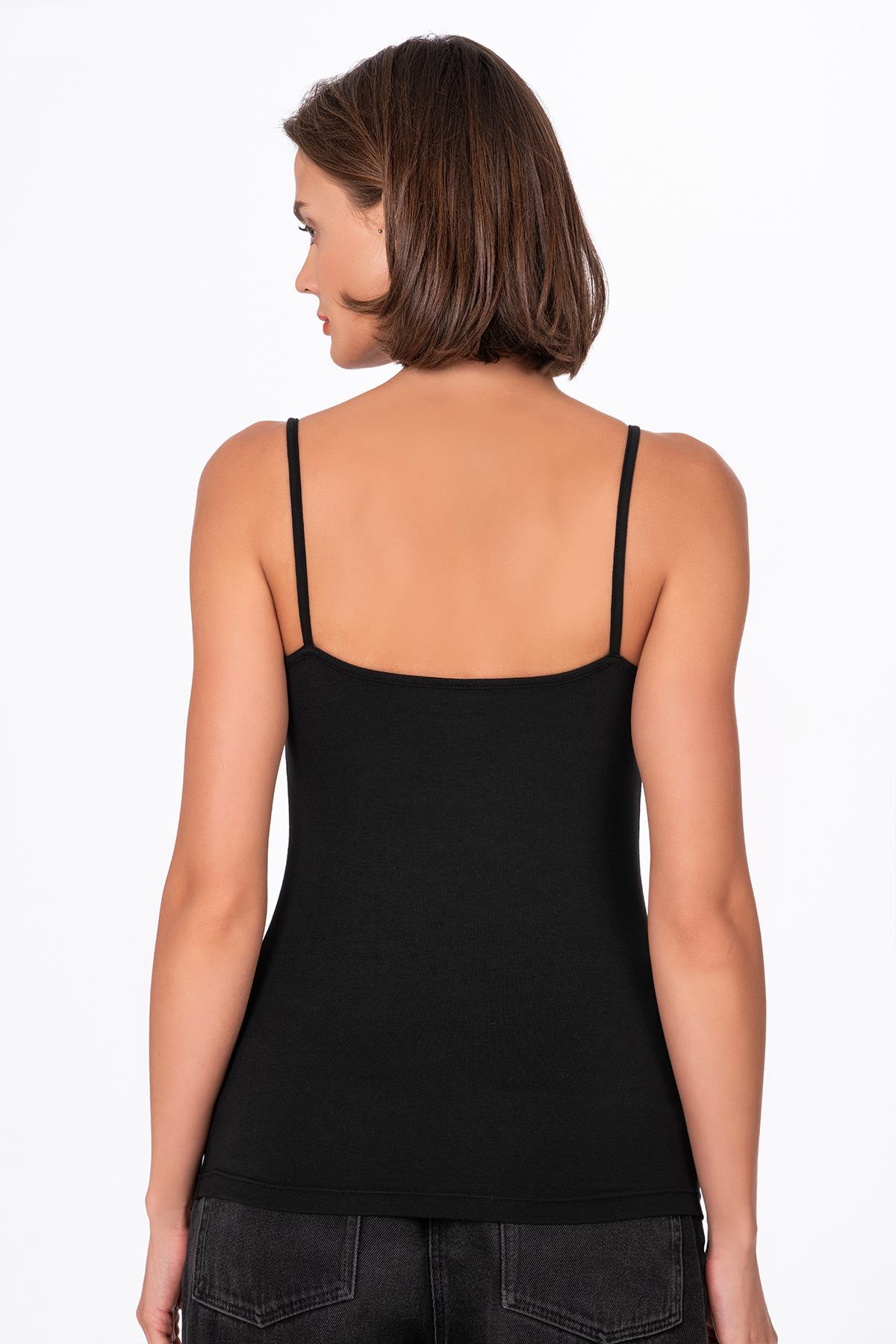 Kadın Esnek Rahat Biyeli İp Askılı Pamuklu Modal Atlet | Siyah K24264