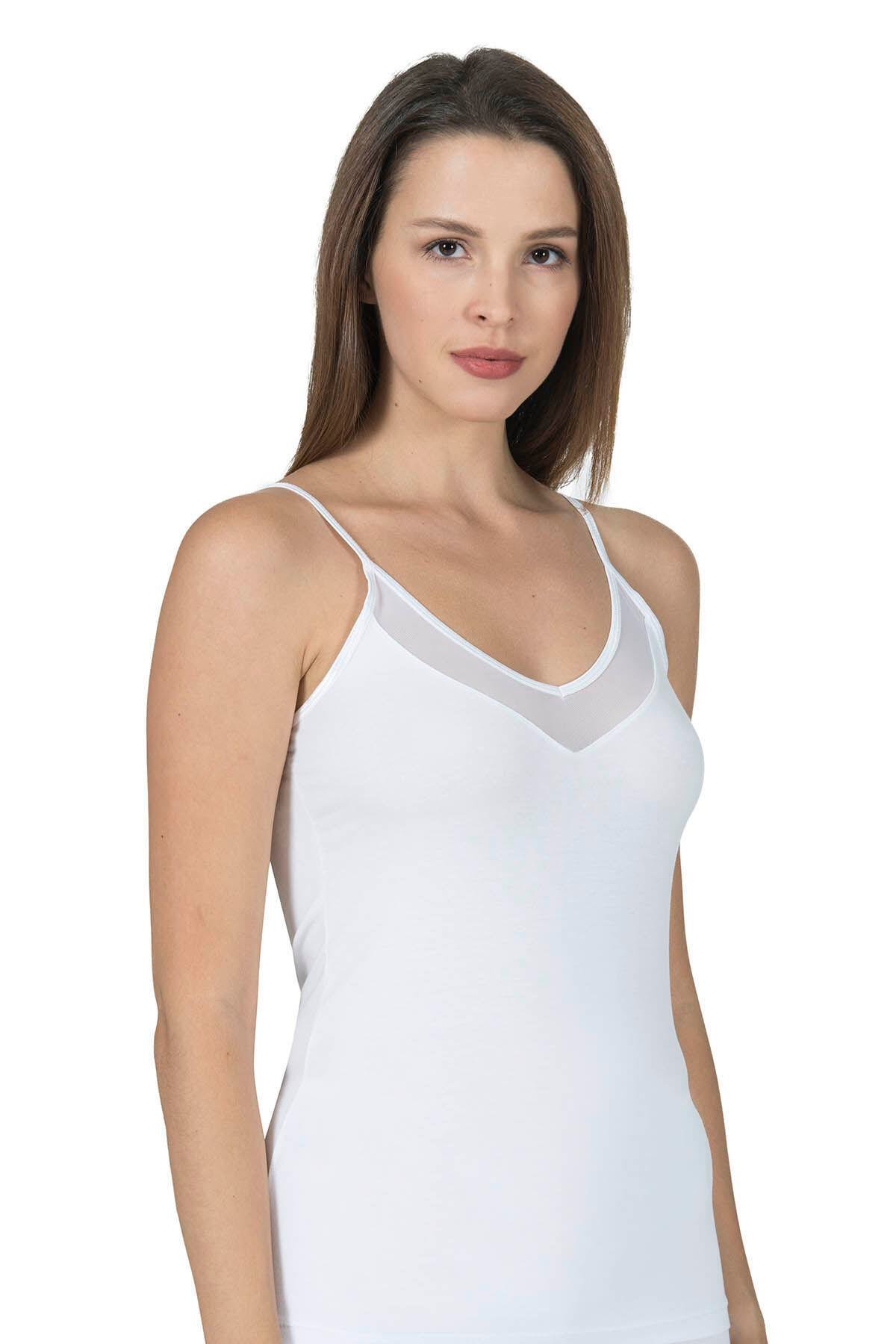 Kadın İnce Askılı Tüllü Modal Atlet | Beyaz K22813