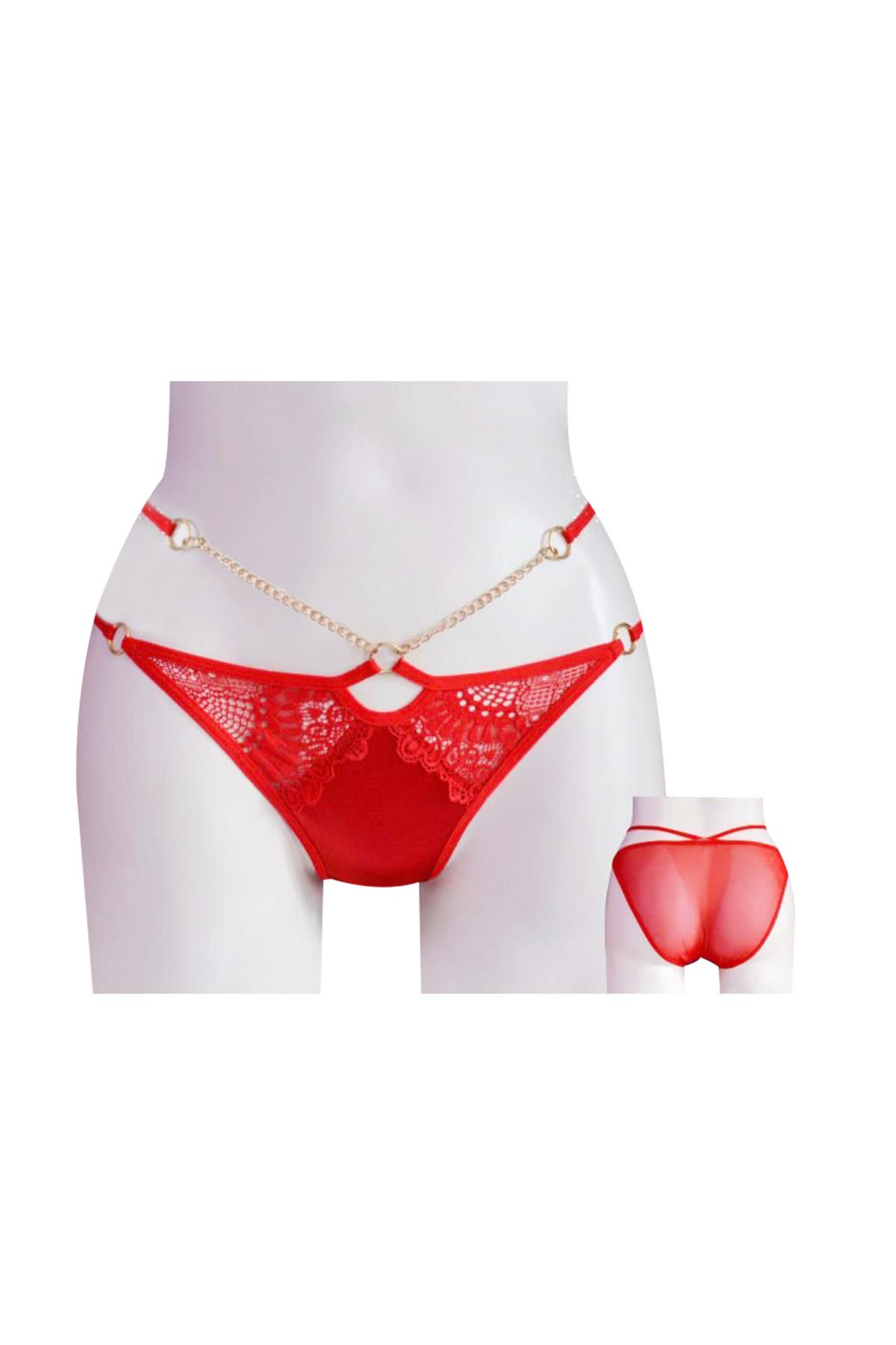 Kadın İp Bikini Ön Saten Yan Bant Arka Tül Üst Zincir Aks | Papatya 5202