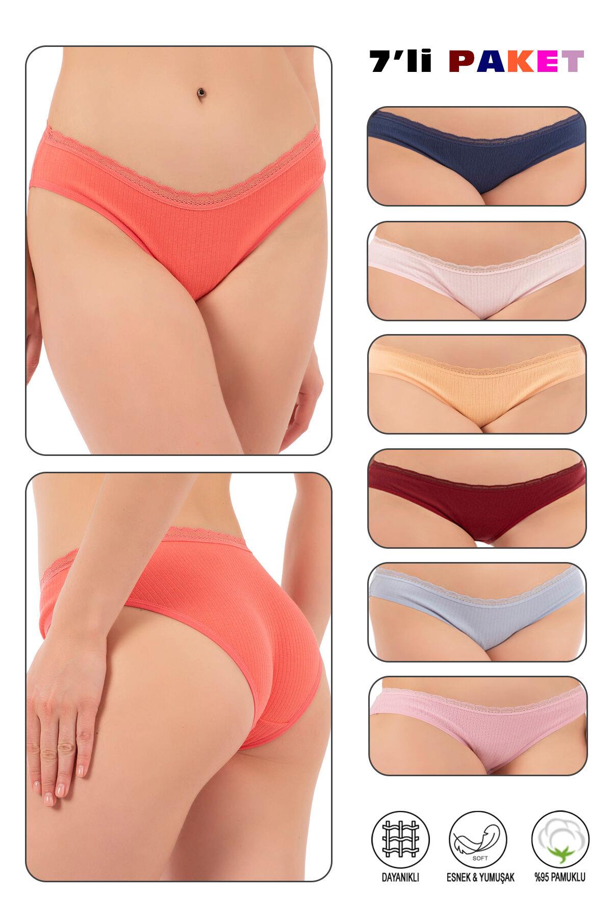 Kadın Likralı Ribana Dantelli 7'li Slip Külot | 27037