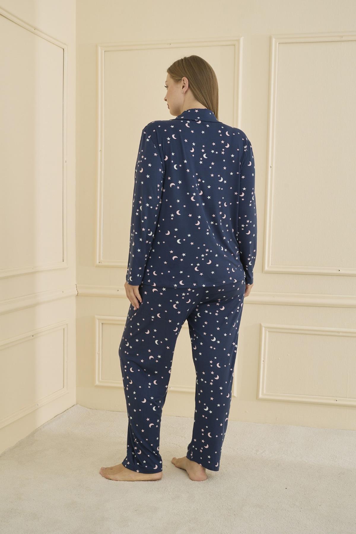 Kadın Milan Battal Önden Düğmeli Pijama Takım | Lacivert 0801-2515