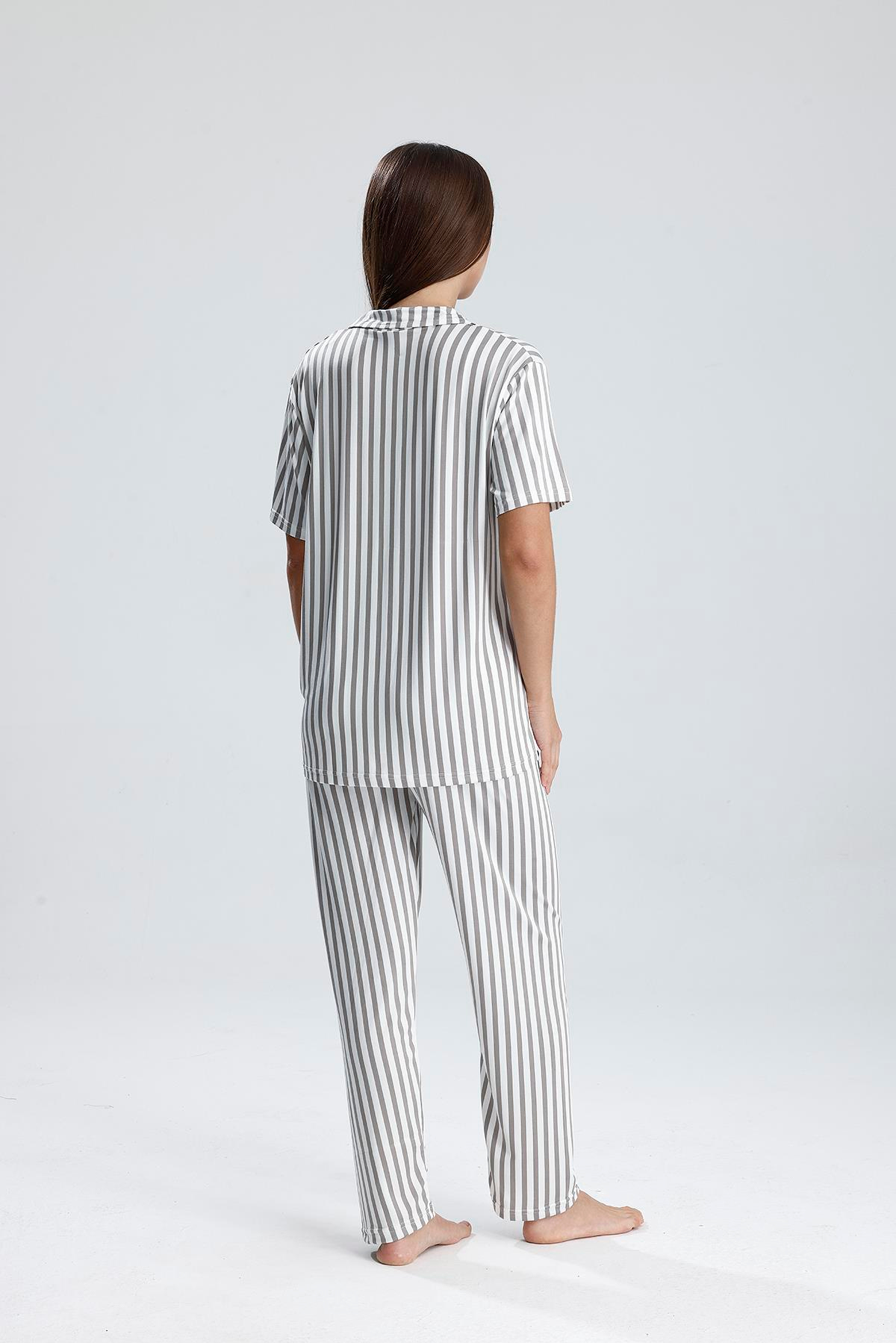 Kadın Önden Düğmeli Pijama Takım | Gri Çizgili