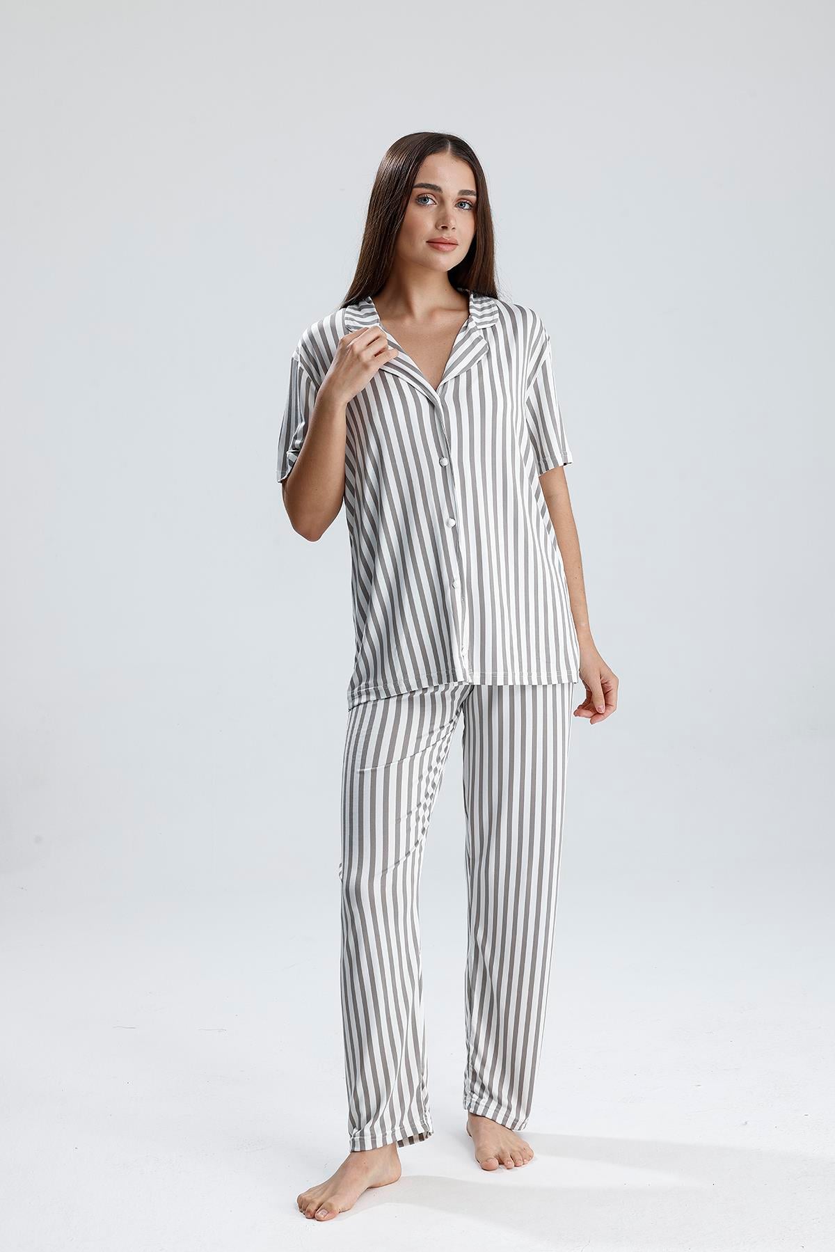 Kadın Önden Düğmeli Pijama Takım | Gri Çizgili