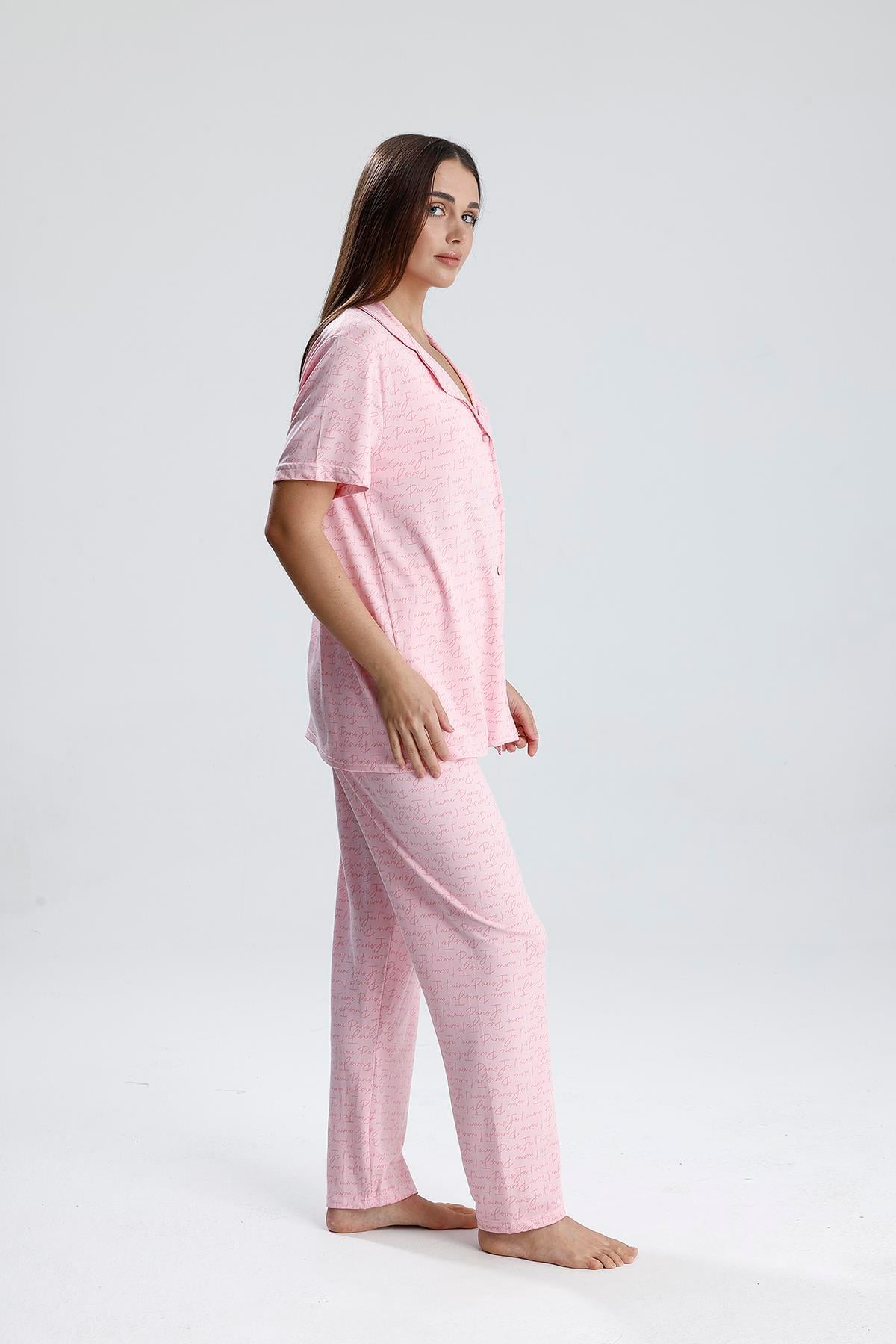 Kadın Önden Düğmeli  Pijama Takım | Pembe Paris