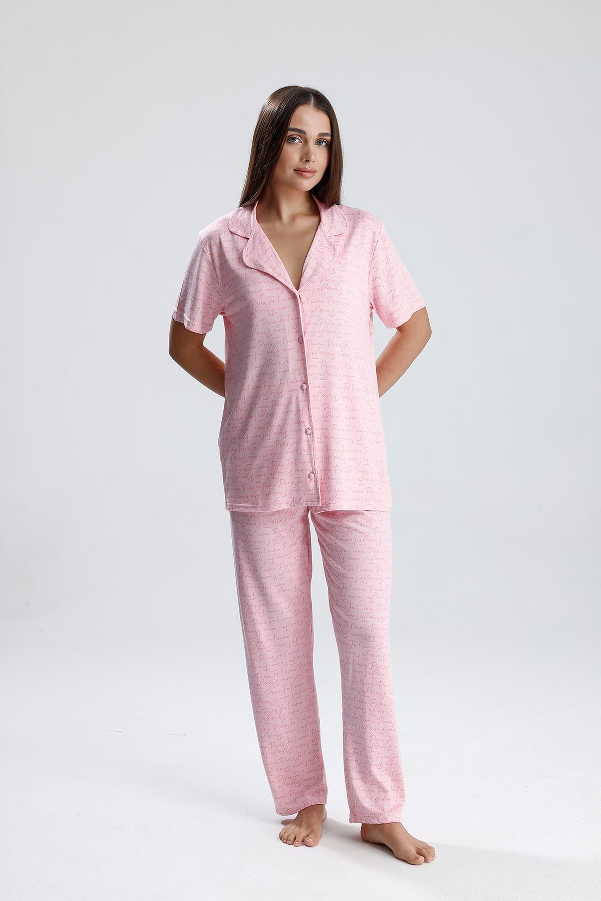 Kadın Önden Düğmeli  Pijama Takım | Pembe Paris