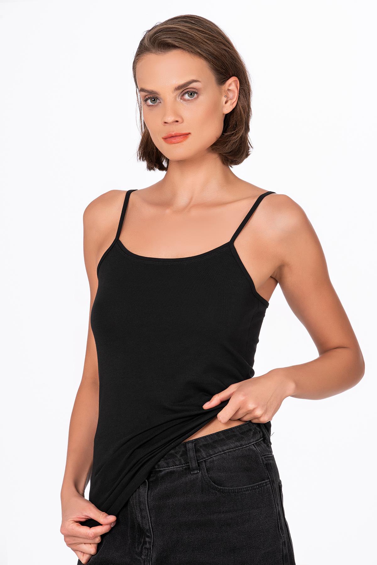 Kadın Pamuklu Likralı Süprem Esnek İnce Askılı Atlet | Siyah K23319