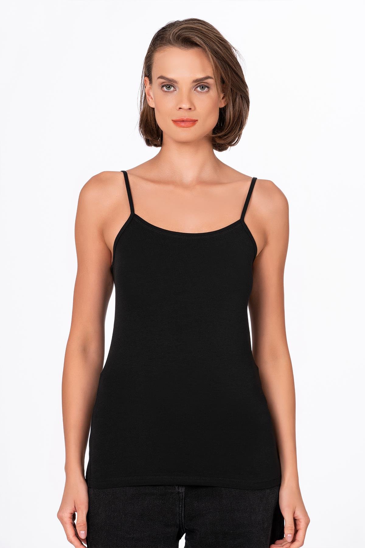 Kadın Pamuklu Likralı Süprem Esnek İnce Askılı Atlet | Siyah K23319