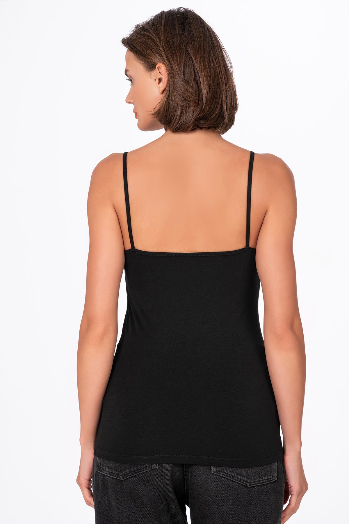 Kadın Pamuklu Likralı Süprem Esnek İnce Askılı Atlet | Siyah K23319