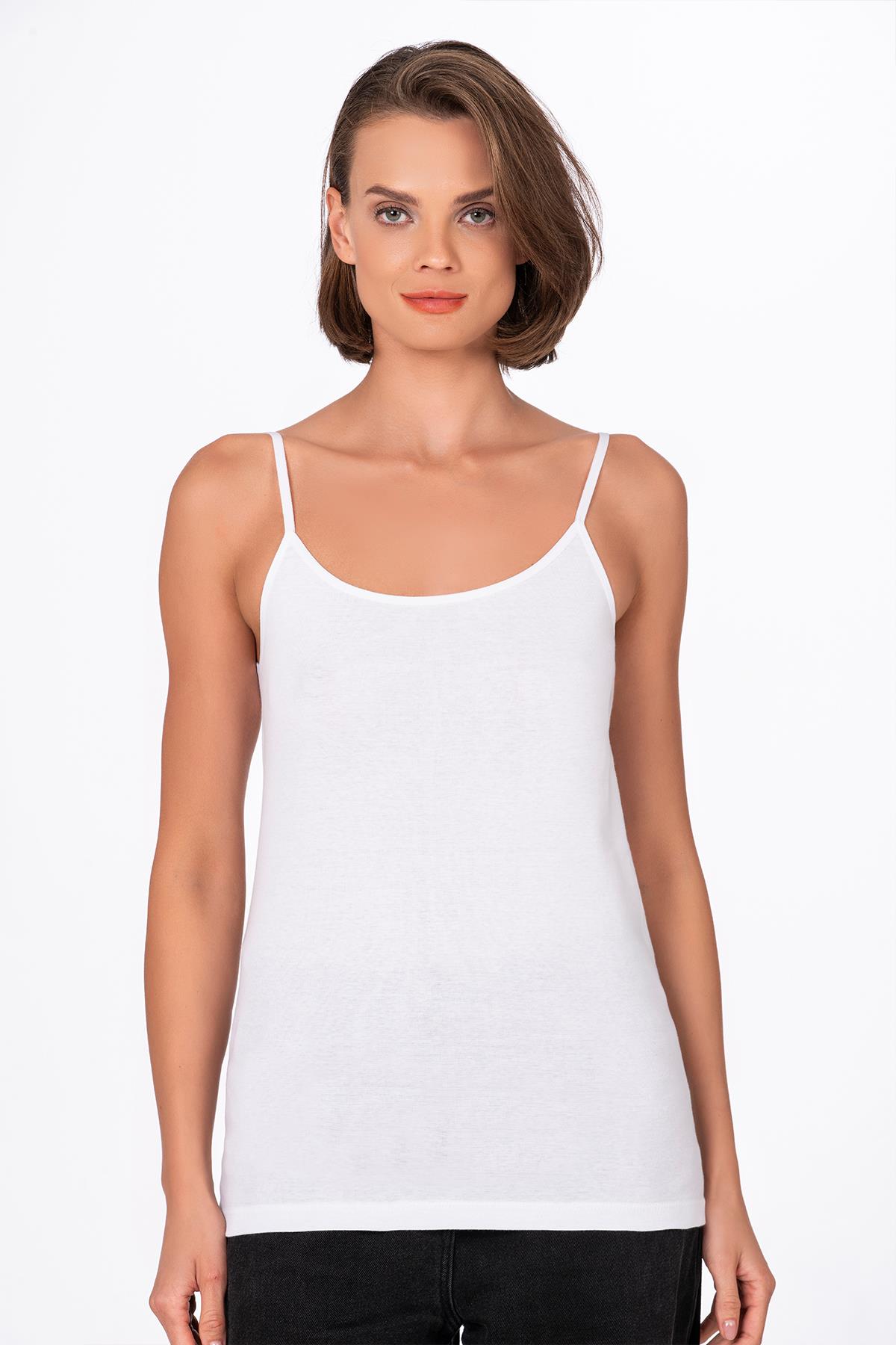 Kadın Pamuklu Ribana Esnek İp Askılı Örme Atlet | Beyaz K0107