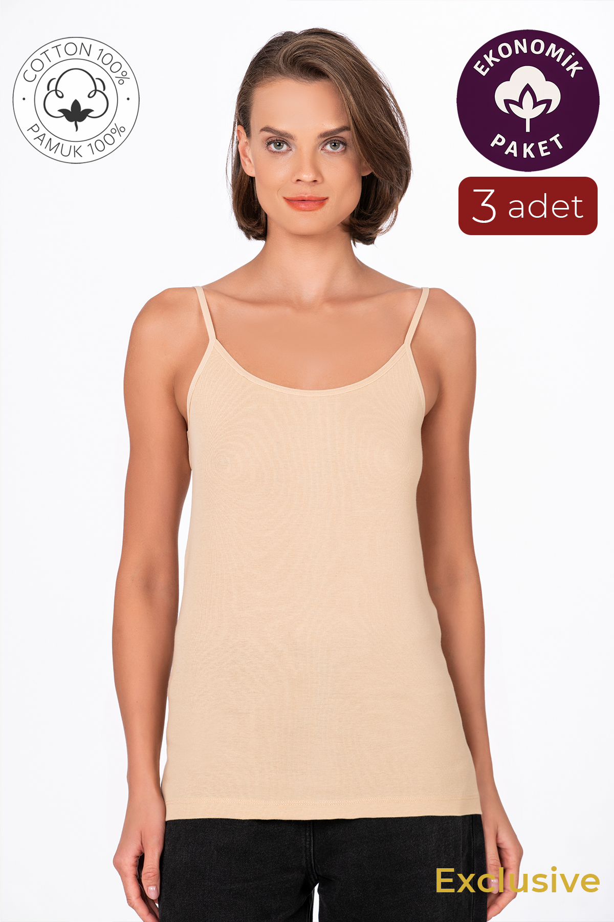 Kadın Pamuklu Ribana İp Askılı Klasik Atlet 3'lü Paket – Esnek & Rahat | Ten K0107
