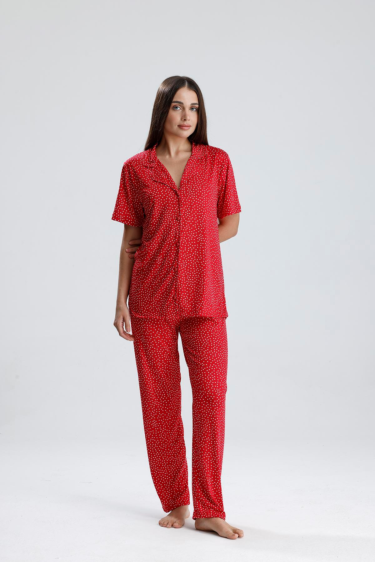 Kadın Puantiye Desen Önden Düğmeli Pijama Takım | Kırmızı