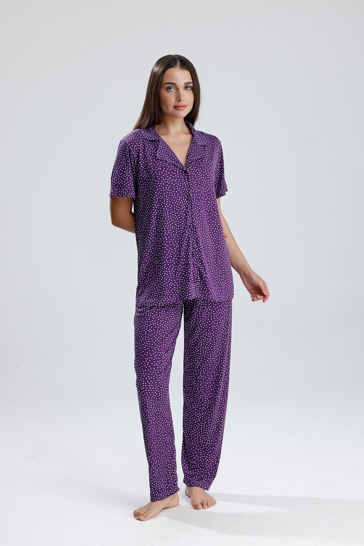Kadın Puantiye Desen Önden Düğmeli Pijama Takım | Mor