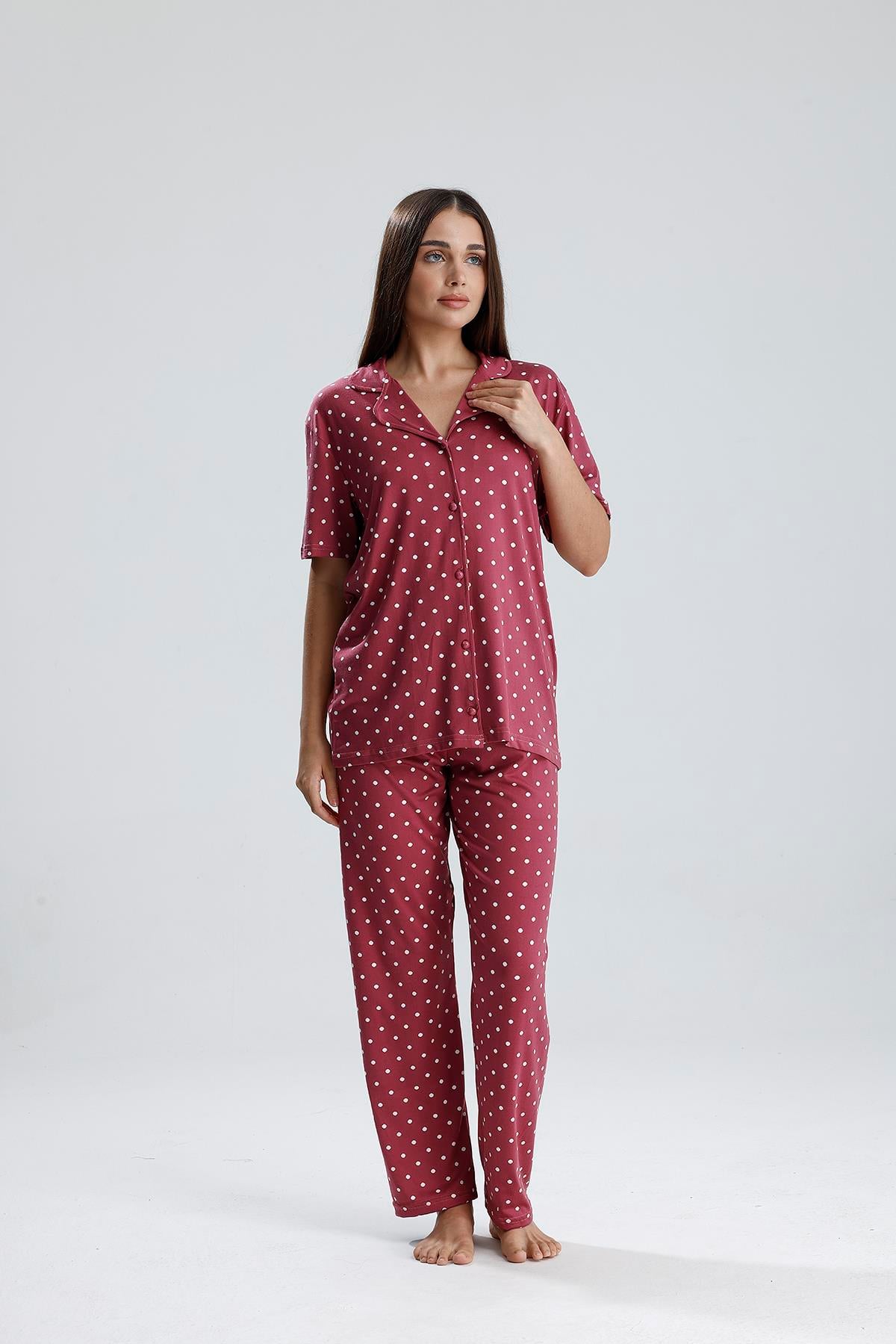 Kadın Puantiye Desen Önden Düğmeli Pijama Takım | Mürdüm