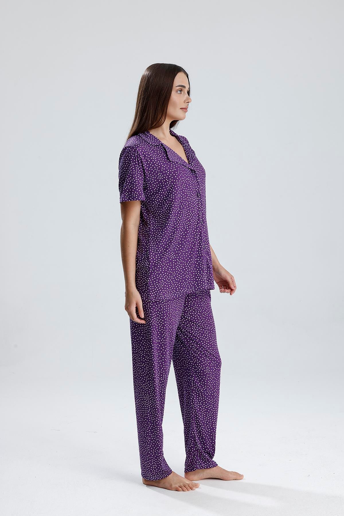Kadın Puantiye Desen Önden Düğmeli Pijama Takım | Mor