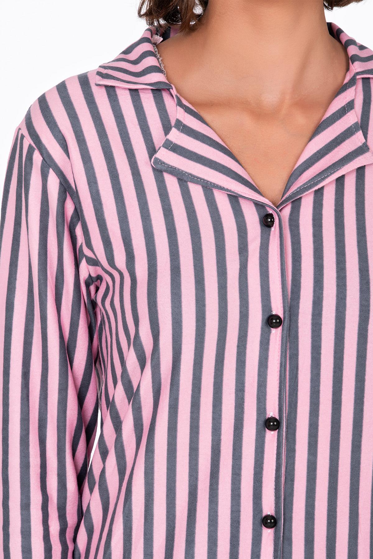 Kadın Süet Önden Düğmeli Pijama Takımı | Çizgili Pembe