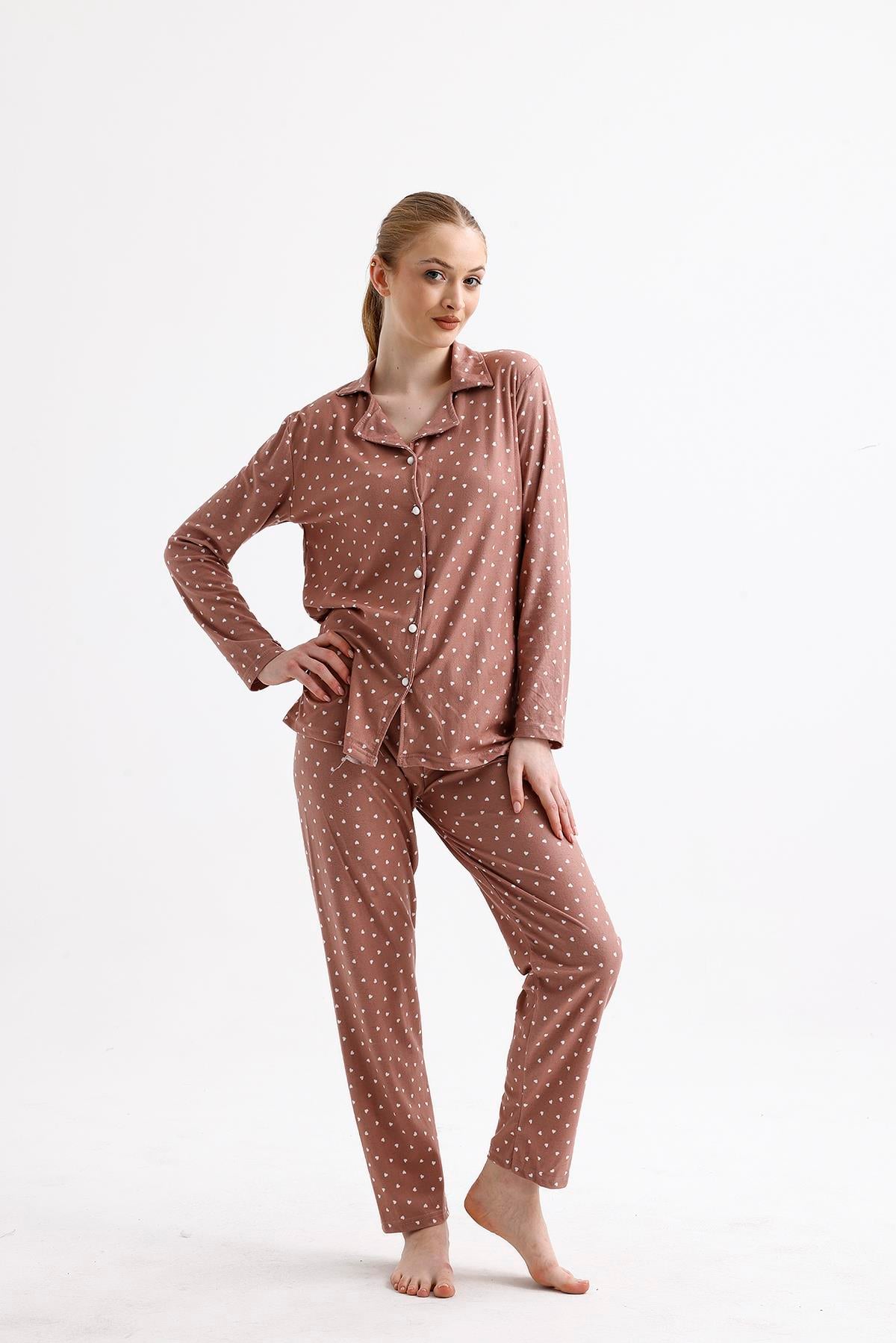 Kadın Süet Önden Düğmeli Pijama Takımı | Kalpli Gül Kurusu