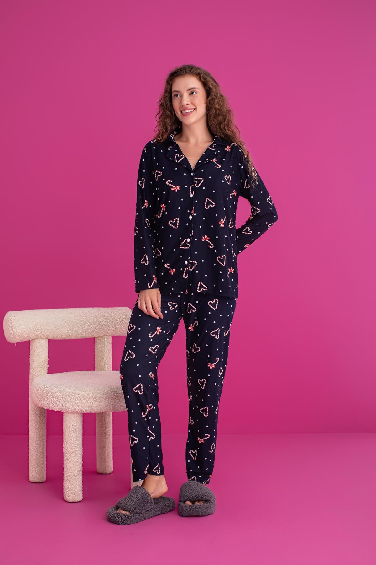 Kadın Süet Önden Düğmeli Pijama Takımı | Lacivert