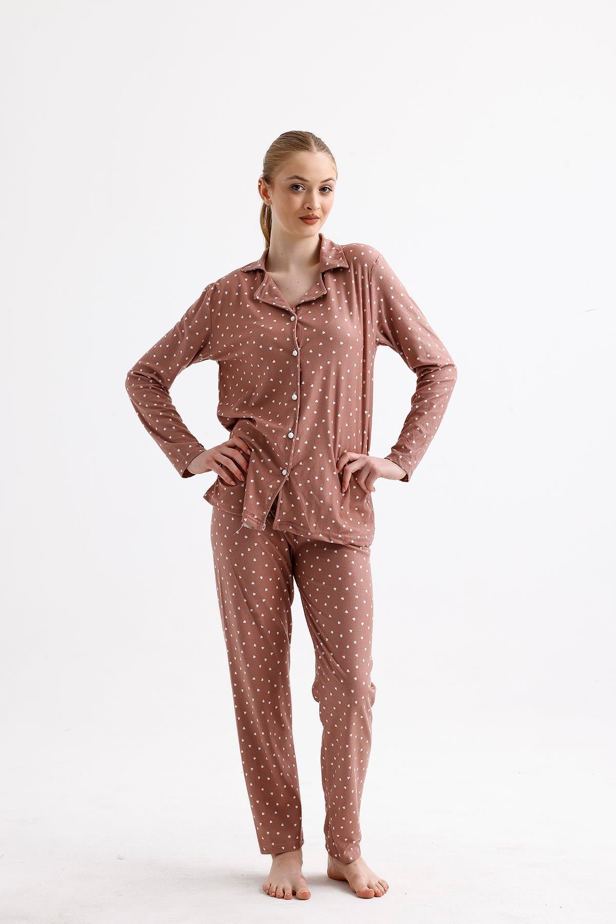 Kadın Süet Önden Düğmeli Pijama Takımı | Kalpli Gül Kurusu