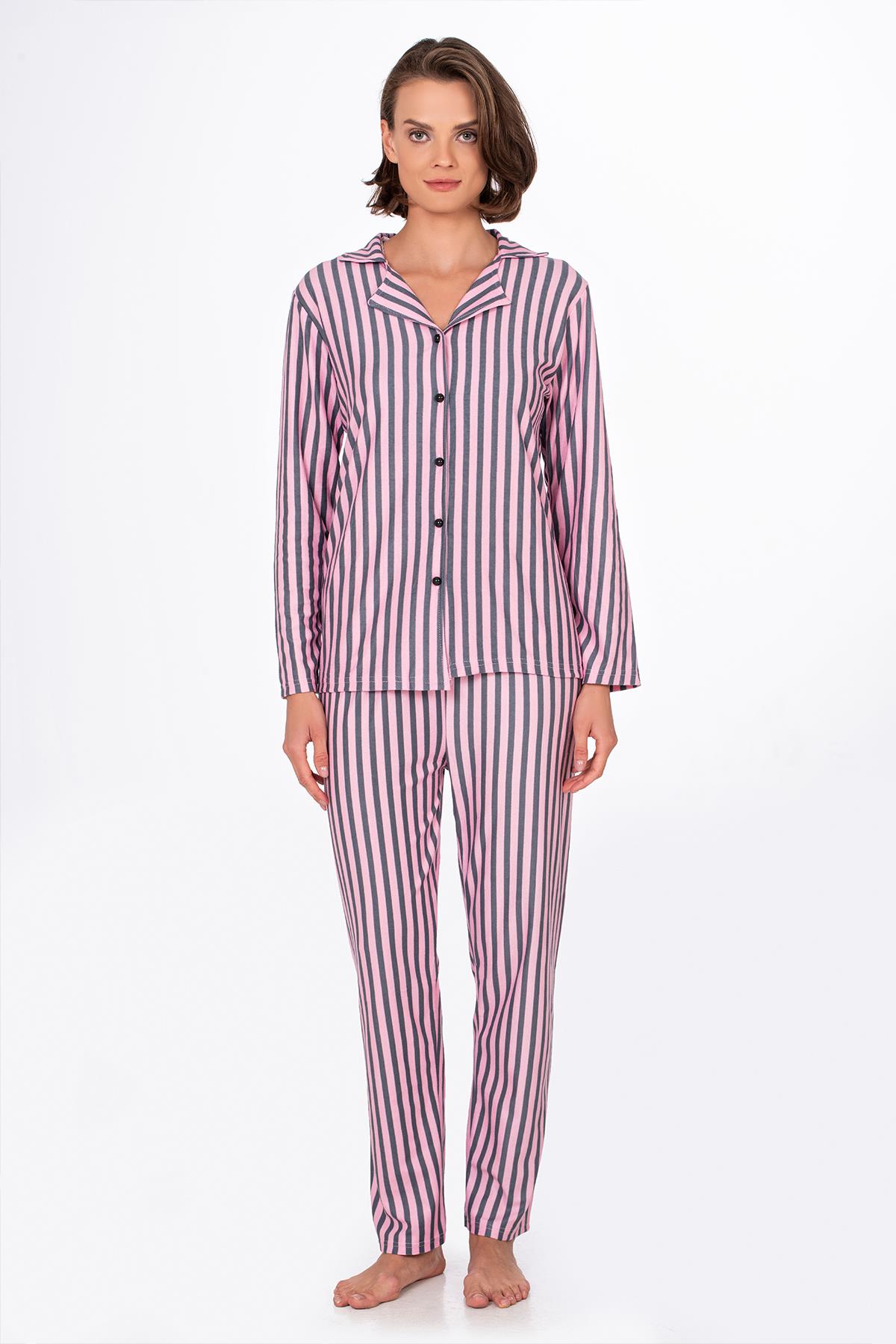 Kadın Süet Önden Düğmeli Pijama Takımı | Çizgili Pembe