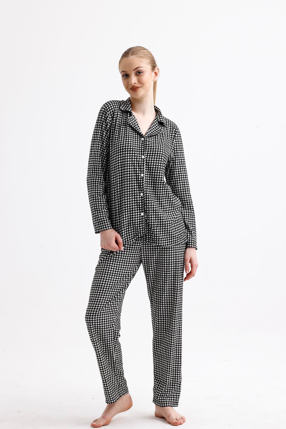 Kadın Süet Önden Düğmeli Pijama Takımı | Siyah - Beyaz