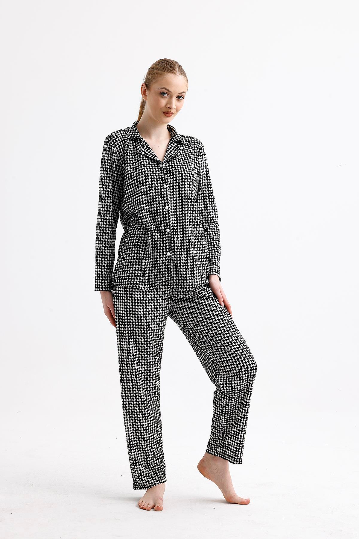 Kadın Süet Önden Düğmeli Pijama Takımı | Siyah - Beyaz